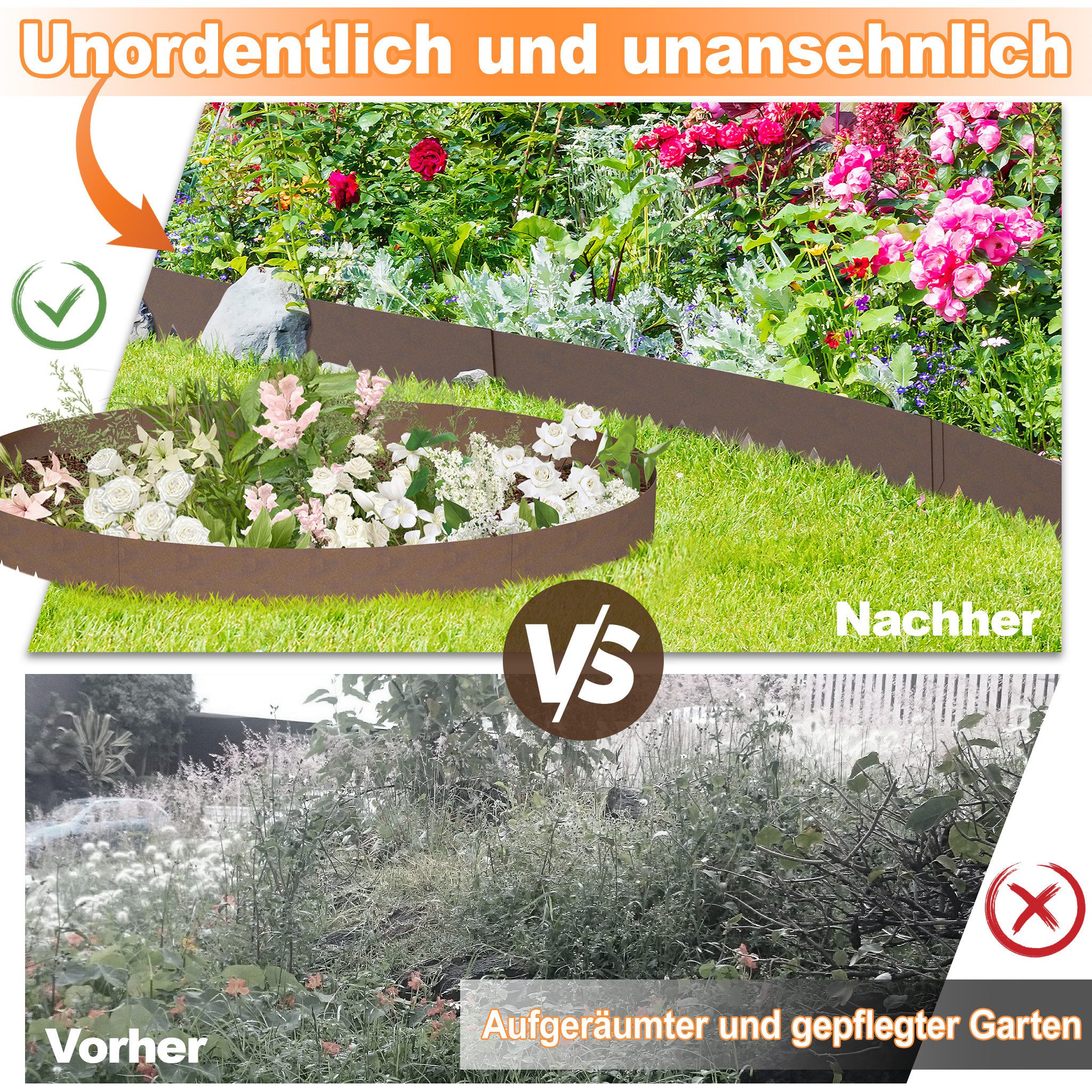 FIVMEN Beetumrandung Verzinkte Rasenkante 5m/10m Stahl-Landschaftseinfassung, 5 Stück, 5 m/10Stück, 10 m, 160mm/200mm Hoch, Rost