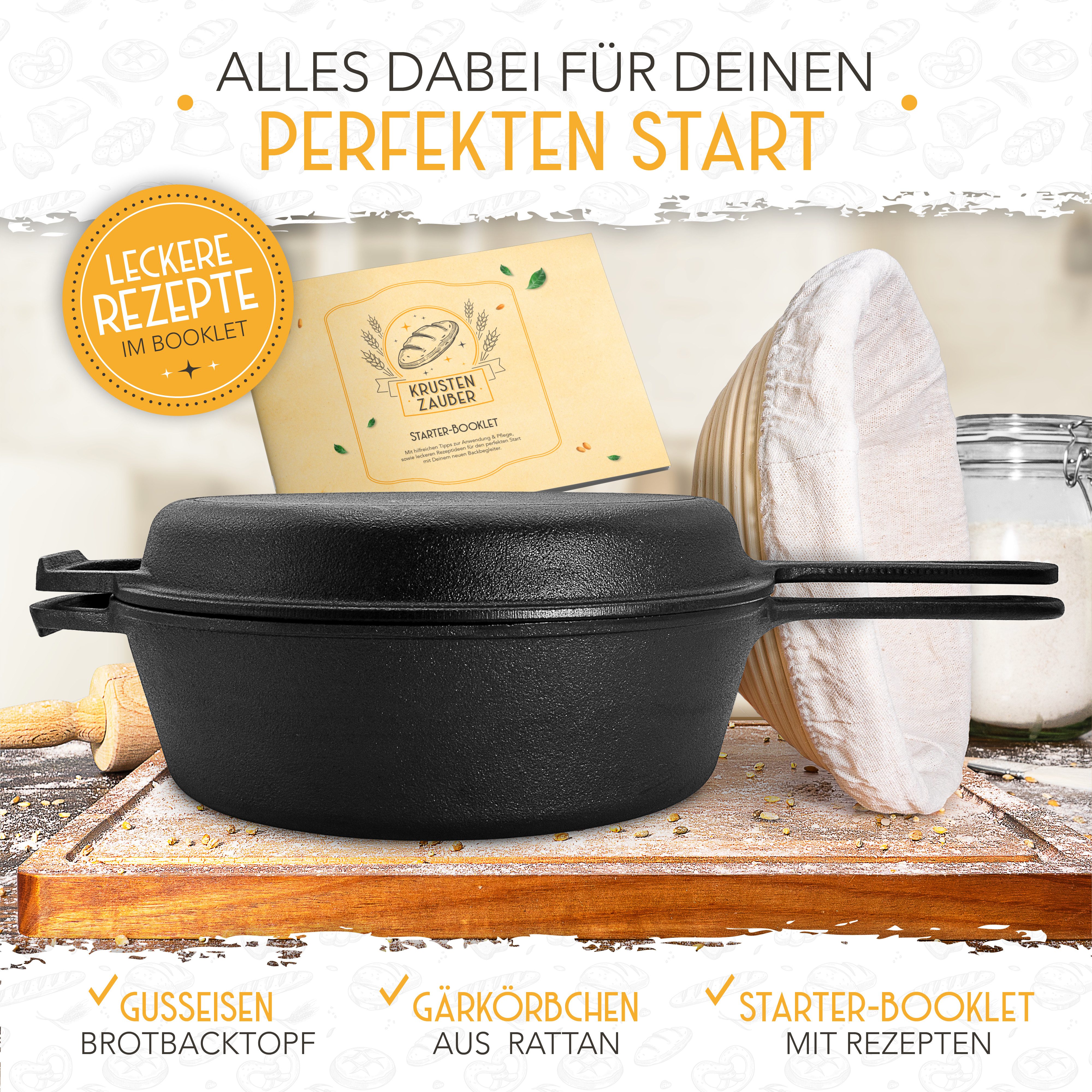 Krustenzauber Brotbackform Brotbackform Gusseisen Topf Brot Backen inkl. Gärkorb – Bild 3 von 5