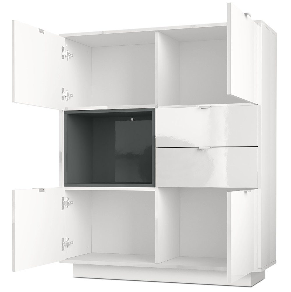 Vladon Highboard Metro (Highboard, mit 4 Türen, 2 Schubladen und 1 offenem Fach), Weiß Hochglanz/Beton Oxid Optik (103 x 123 x 38 cm)