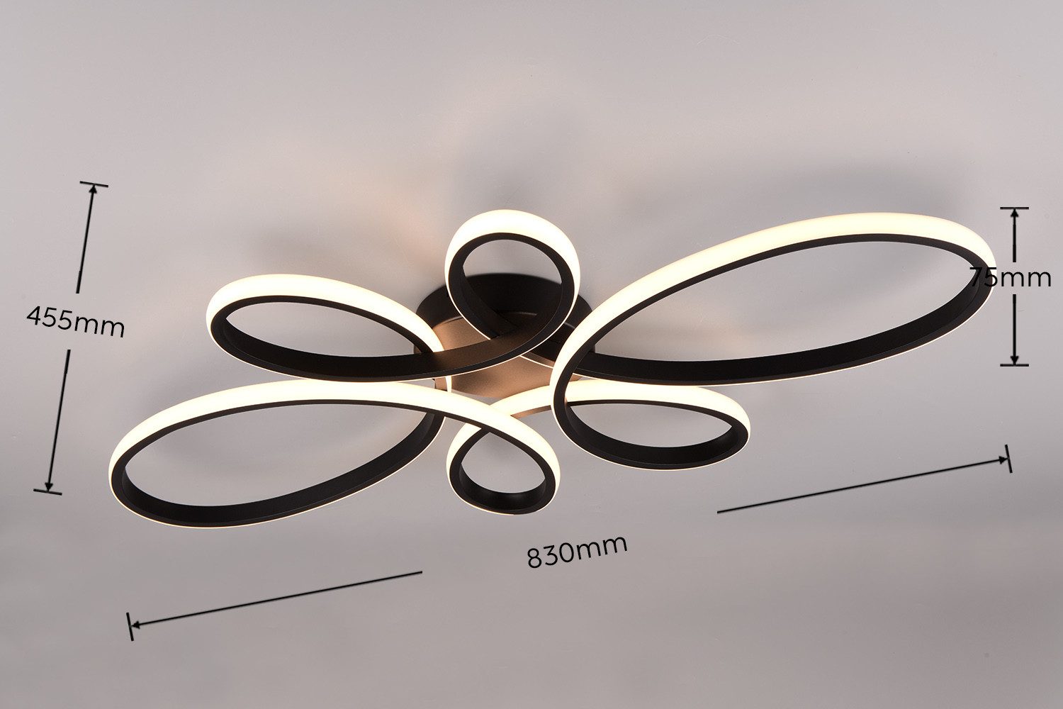 TRIO Leuchten LED Deckenleuchte FLY, Deckenlampe LED 32W 3900 Lumen warmweiß 3000K 3-Stufen dimmbar, Dimmfunktion, LED fest integriert, Warmweiß, Maße 83x45 cm, LED Band Schleife Deckenlampe Schlafzimmer Wohnzimmer