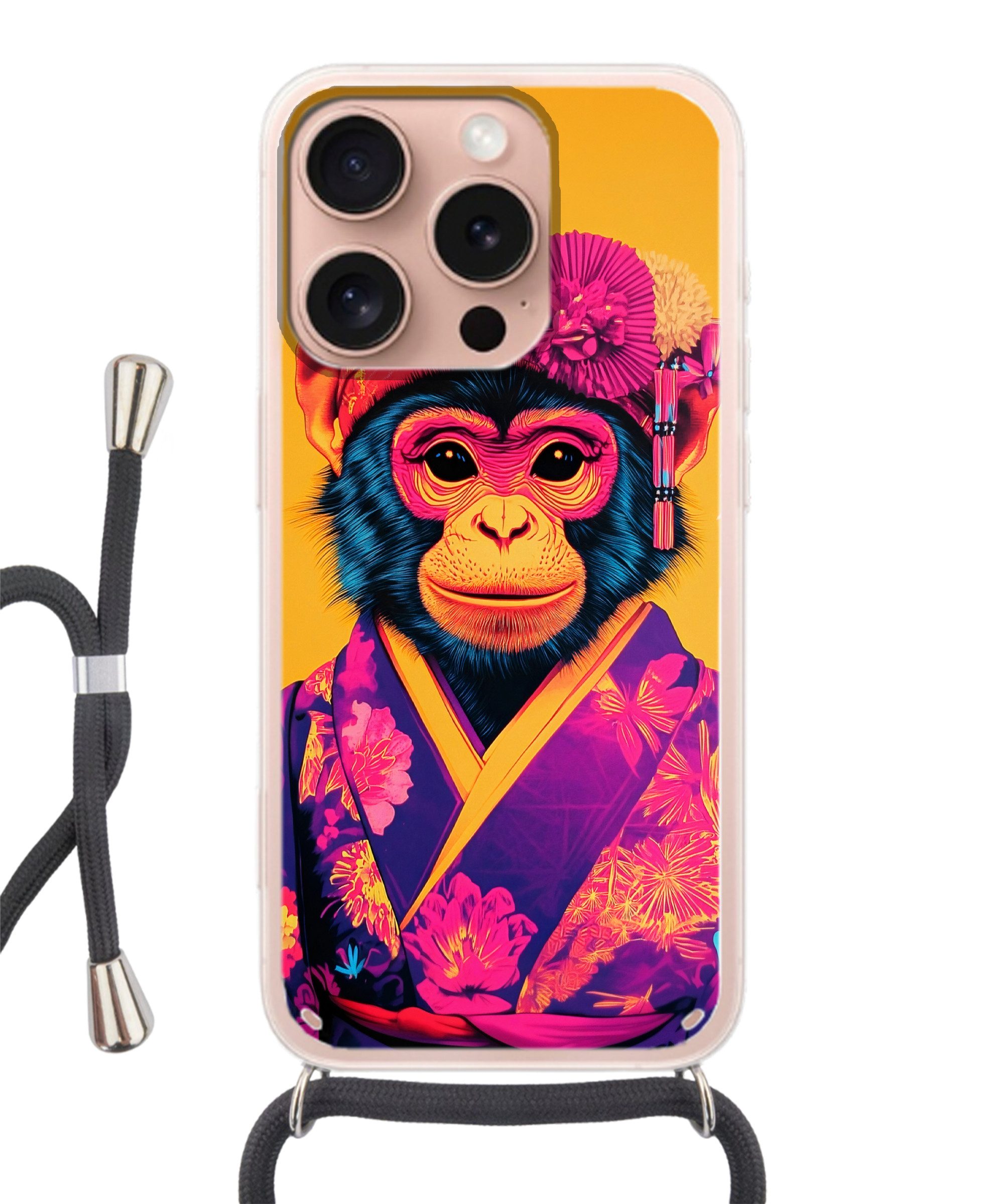 MuchoWow Handyhülle für Apple iPhone 16 Pro Affe - Kimono - Blumen - Kopfschmuck, Tragbare Handyhüllen mit Kette zum umhängen, Handykette Handyband