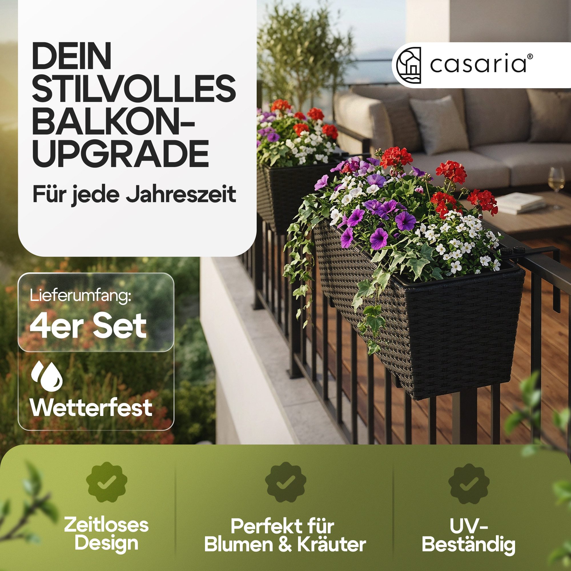 Casaria Blumenkasten, 4er Set 11 Liter Montagehalterung Indoor Outdoor Geländerkasten