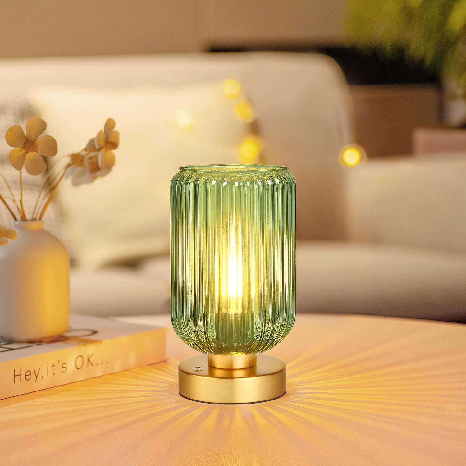 Jibenhome LED Tischleuchte Glas-Tischlampe für Schlafzimmer,Dimmbar/Kabellos, LED wechselbar, 7500 mAh wiederaufladbar/Batteriebetrieben,Für Wohnzimmer Schreibtisch