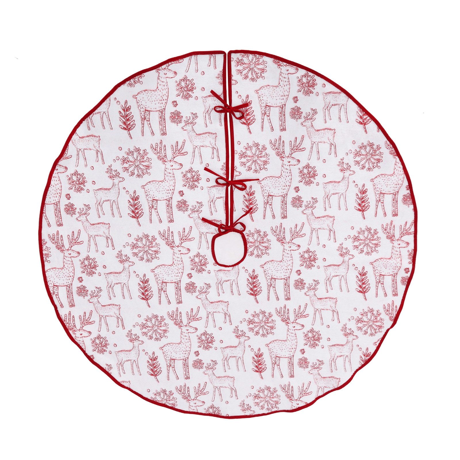 Salcar Weihnachtsbaumdecke Beidseitig bedruckte Weihnachtsbaumdecke Rund Rot Christbaumrock Weiß, Weiche Fleece-Baumdecke in Rot-Weiß mit Rentier- & Schneeflockenmotiv