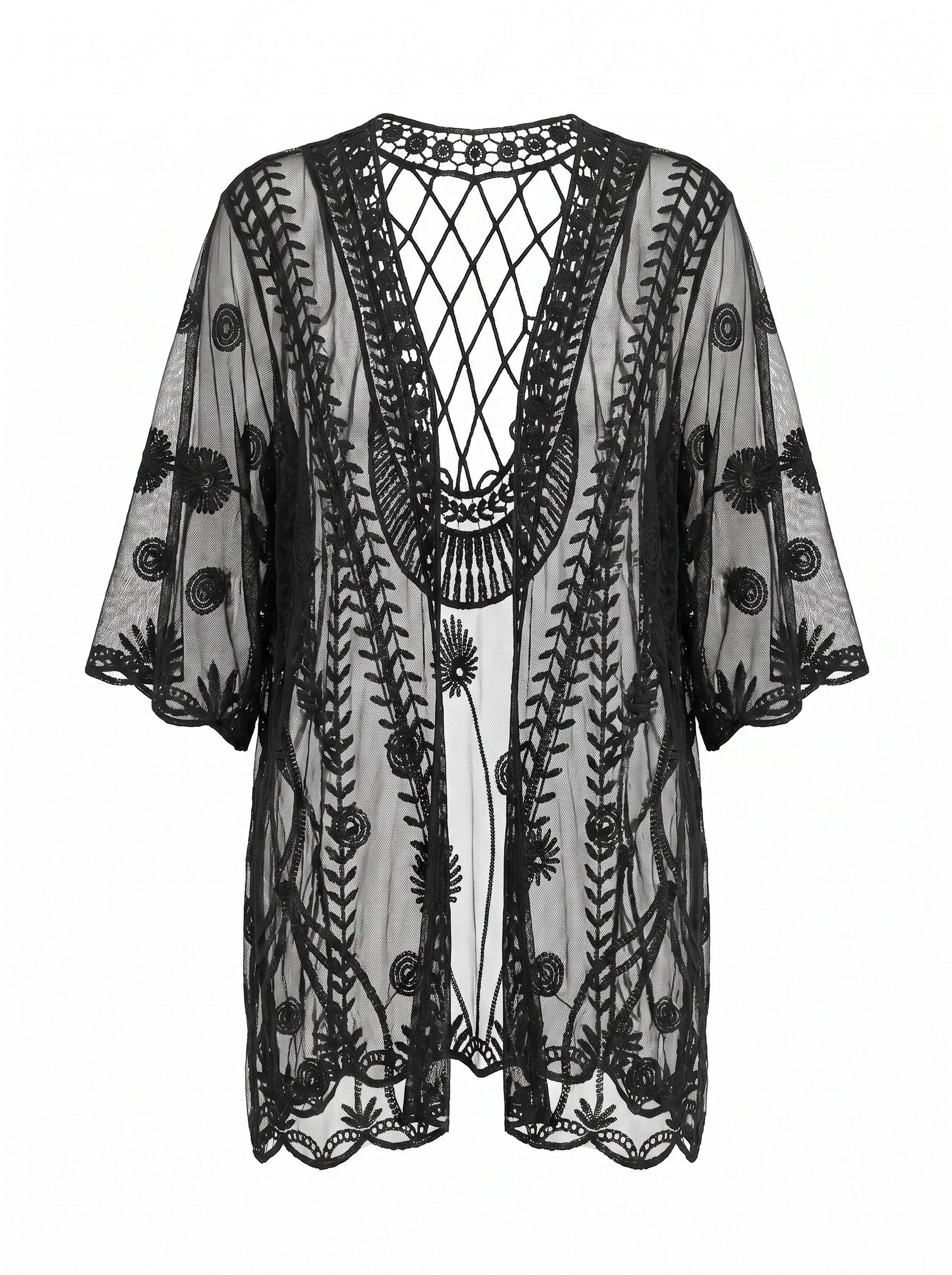 Lovolotti Strandkleid Damen Strandüberwurf Schwarz Sommerkleid Transparenter Spitzen-Kimono mit Blumenstickerei, Beach Cover-Up für Bikini und Badeanzug – Bild 3 von 3