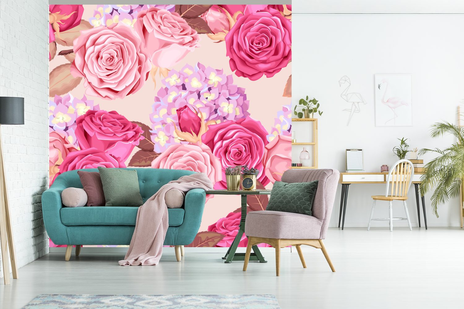 bedruckt, Blumen für Rosa, Tapete - Wohnzimmer (5 Fototapete Schlafzimmer, St), Rosen Vinyl Wandtapete - Matt, oder MuchoWow