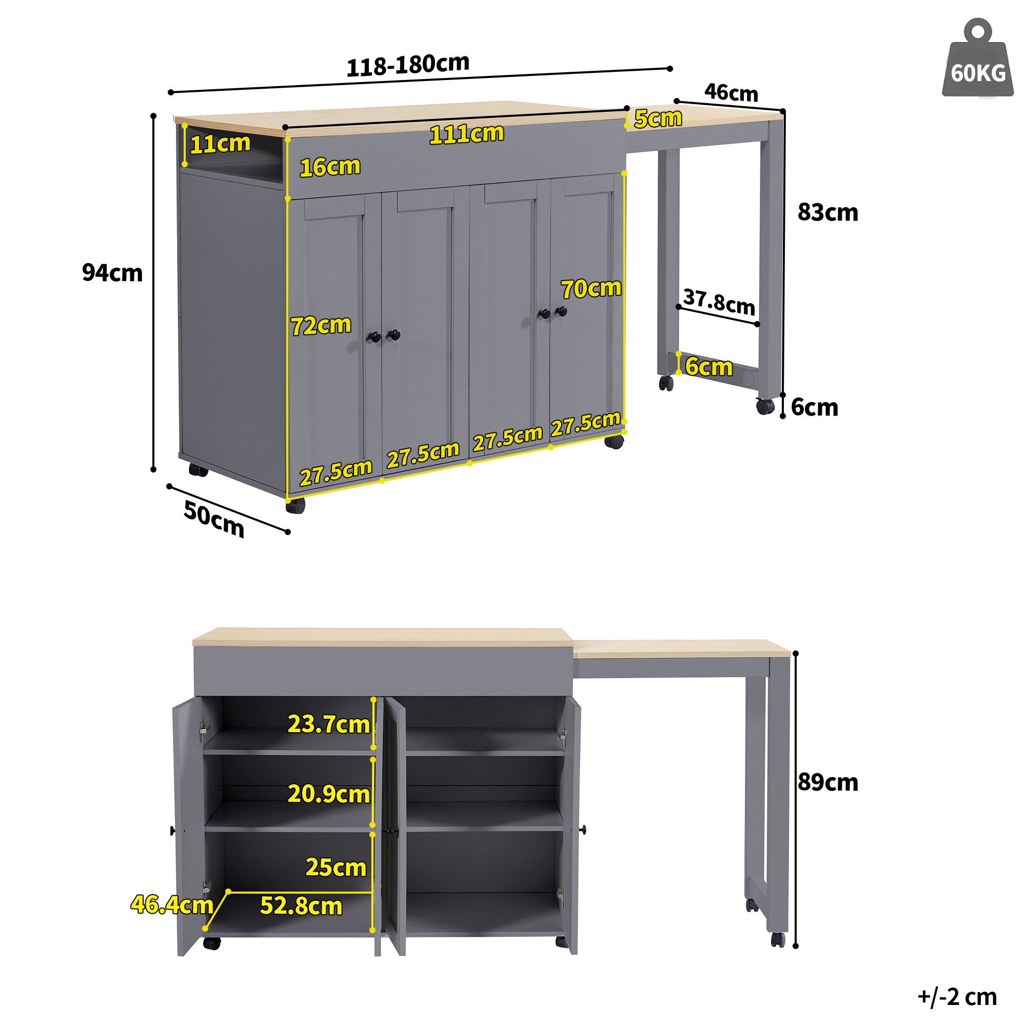 KLAM HOME Bartisch Moderner ausziehbarer Bartisch mit Stauraum(118-180×50×94cm) (Ausziehbarer Esstisch mit sechs AblageflächenStehtisch Bistrotisch), für Esszimmer,Verwendung als Wohnzimmertrennwand,Weiß
