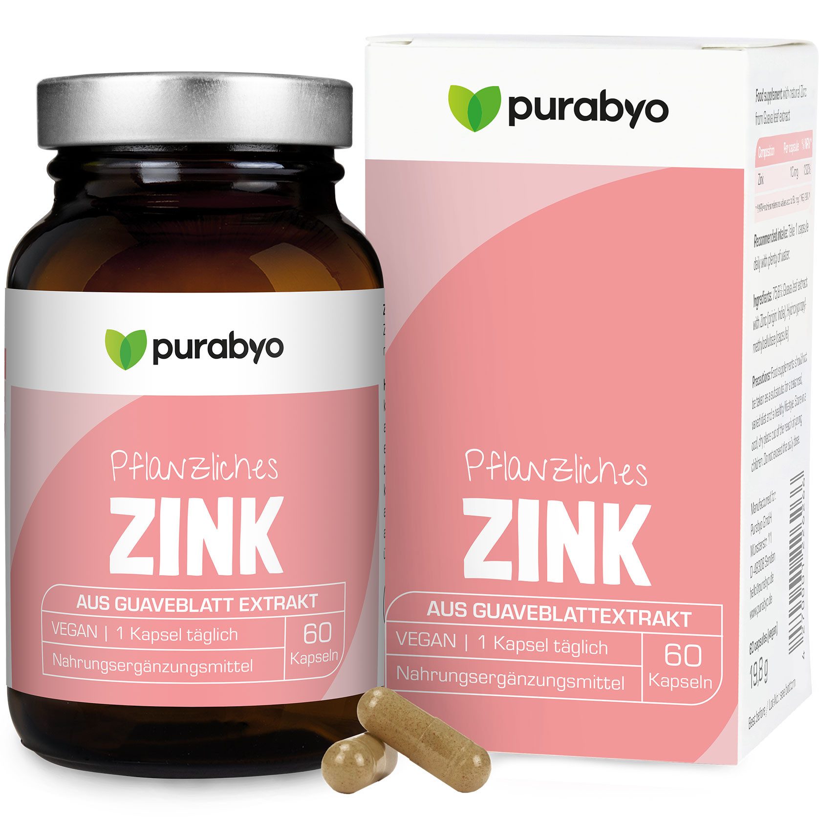Purabyo Zink Kapseln, 10 mg Zink, pflanzlich, aus Guaveblatt Extrakt, im Glas Kapseln, 1 er 60 St., 20 g