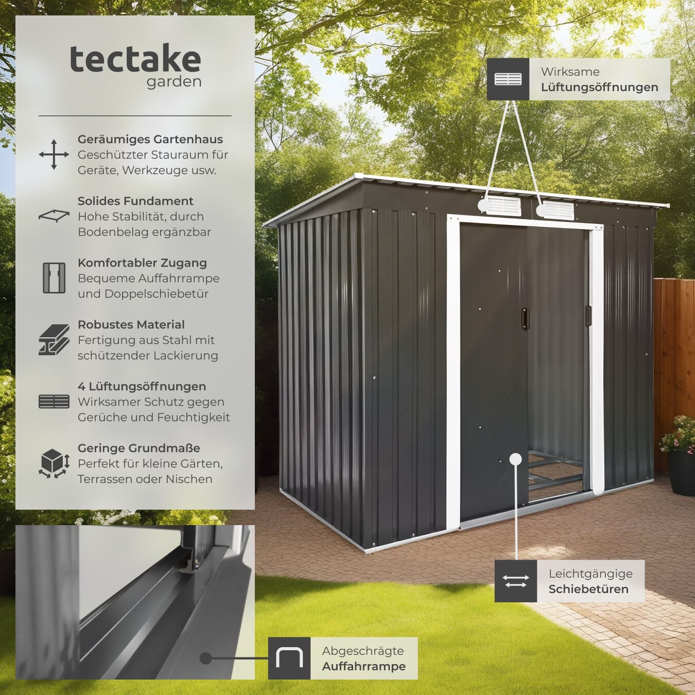 tectake Gartenhaus Geräteschuppen mit Schrägdach, BxT: 130,00x213,00 cm, aus Stahl