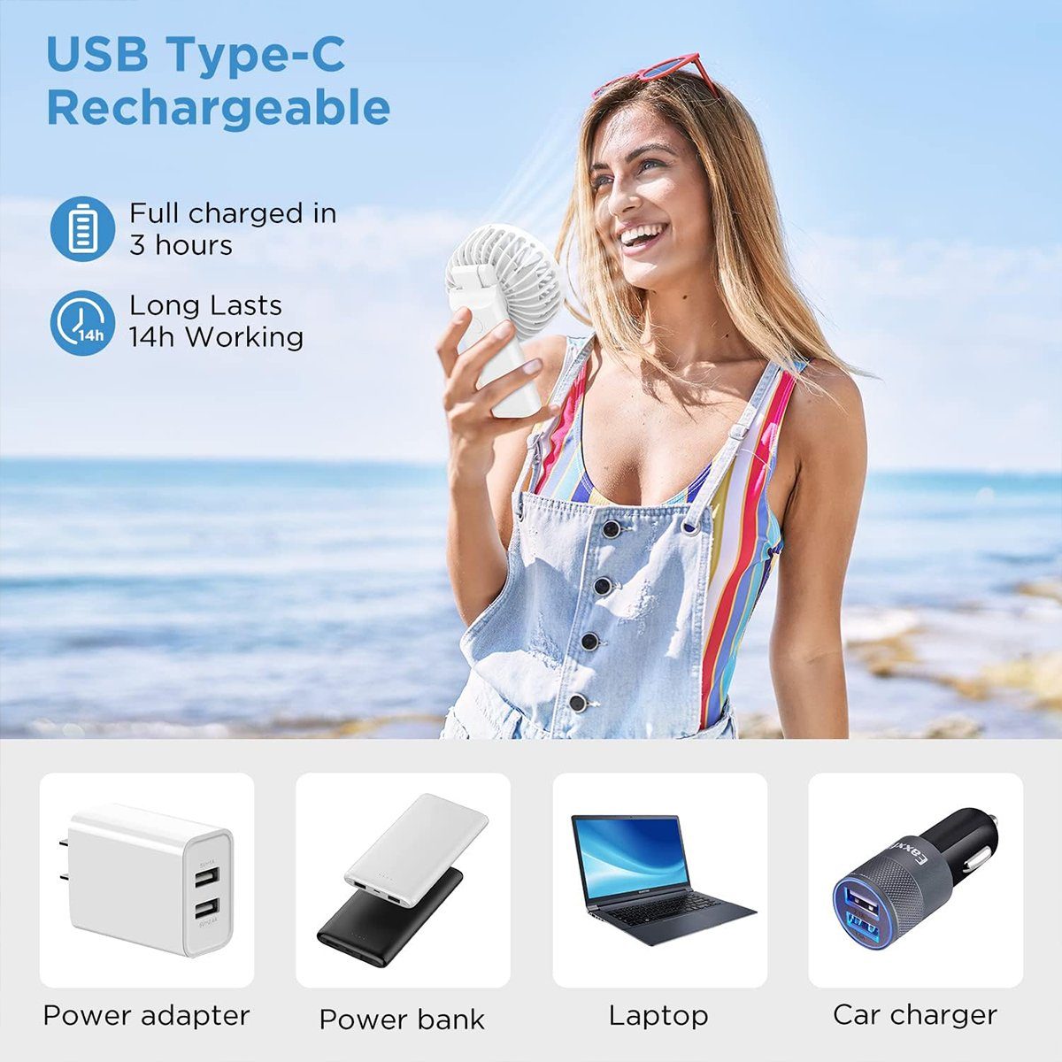 autolock Handventilator mit Ventilator Tischventilator, Fan Tragbar Handventilator Weiß Powerbank Mini Faltbar USB 3600mAh Geschwindigkeiten,  6