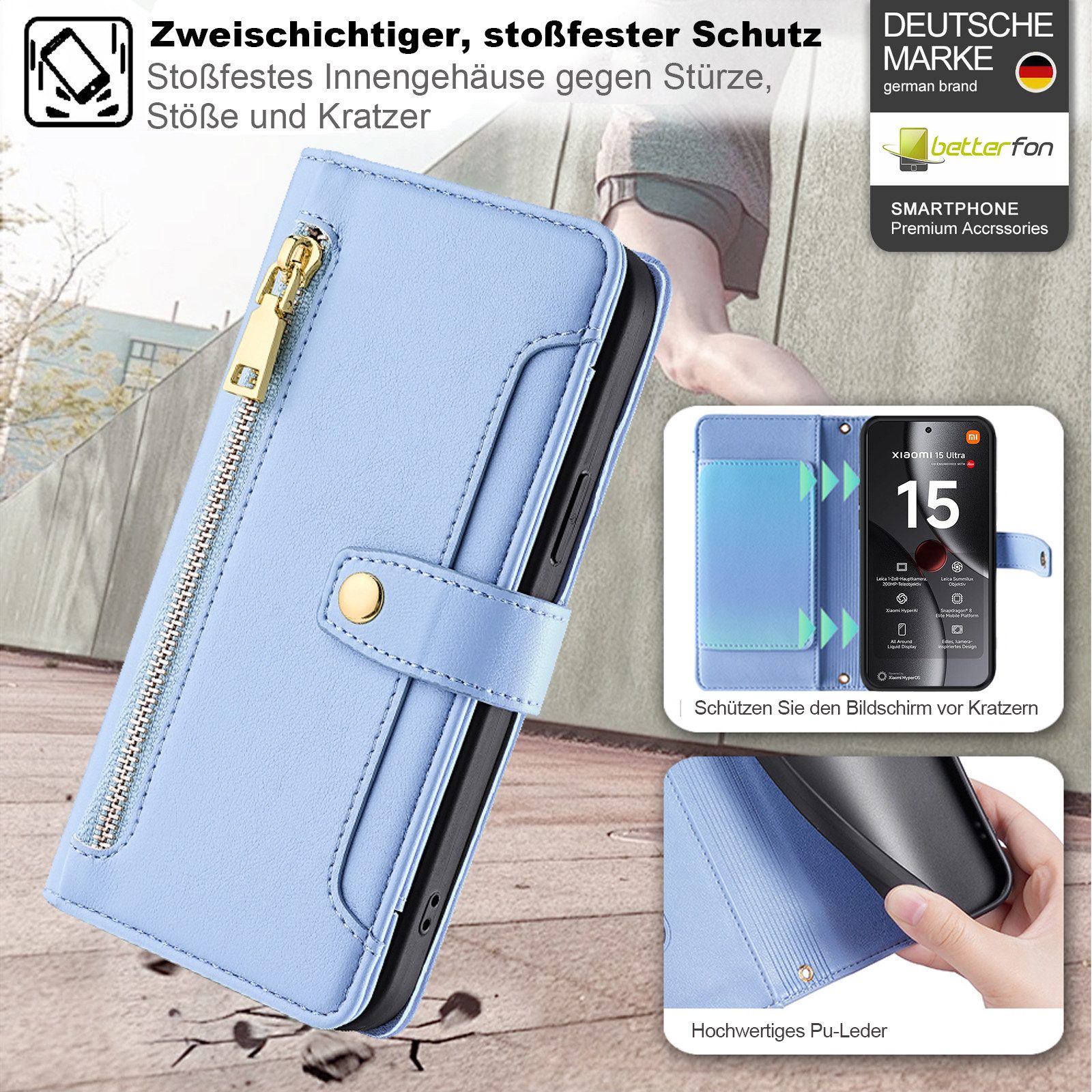 betterfon Handykette mit Portemonnaie für Xiaomi 17T - Handykette mit 5 Kartenfächer, Umhängetasche, Hände frei, Silikonhülle & Schnur für Alltag