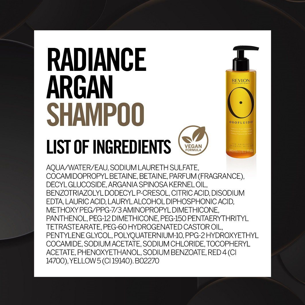 Vegan REVLON Argan Haarshampoo 240 PROFESSIONAL ml, Orofluido Shampoo Radiance
