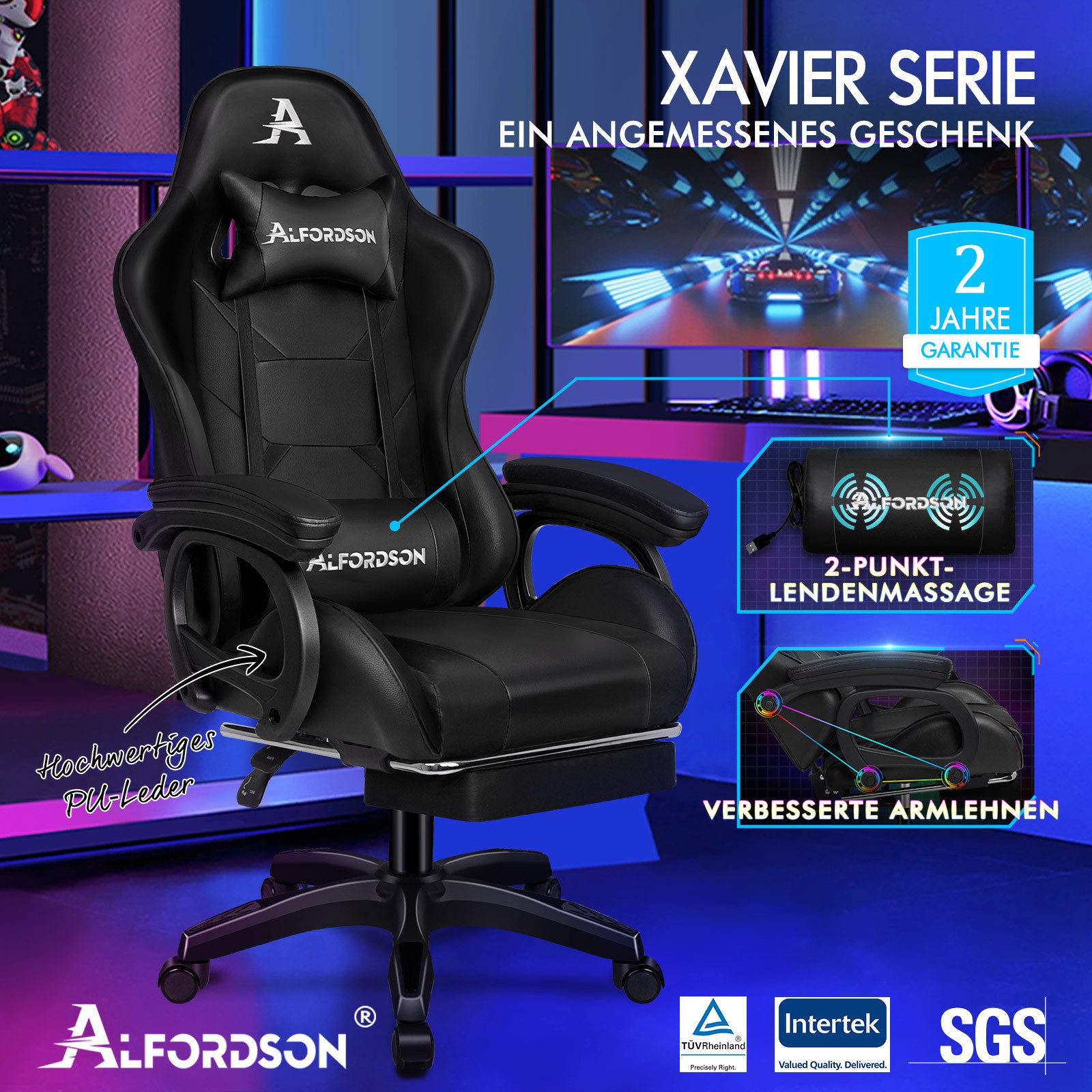 ALFORDSON Gaming-Stuhl mit Massage, verstellbar, PU-Leder, Schwarz günstig online kaufen