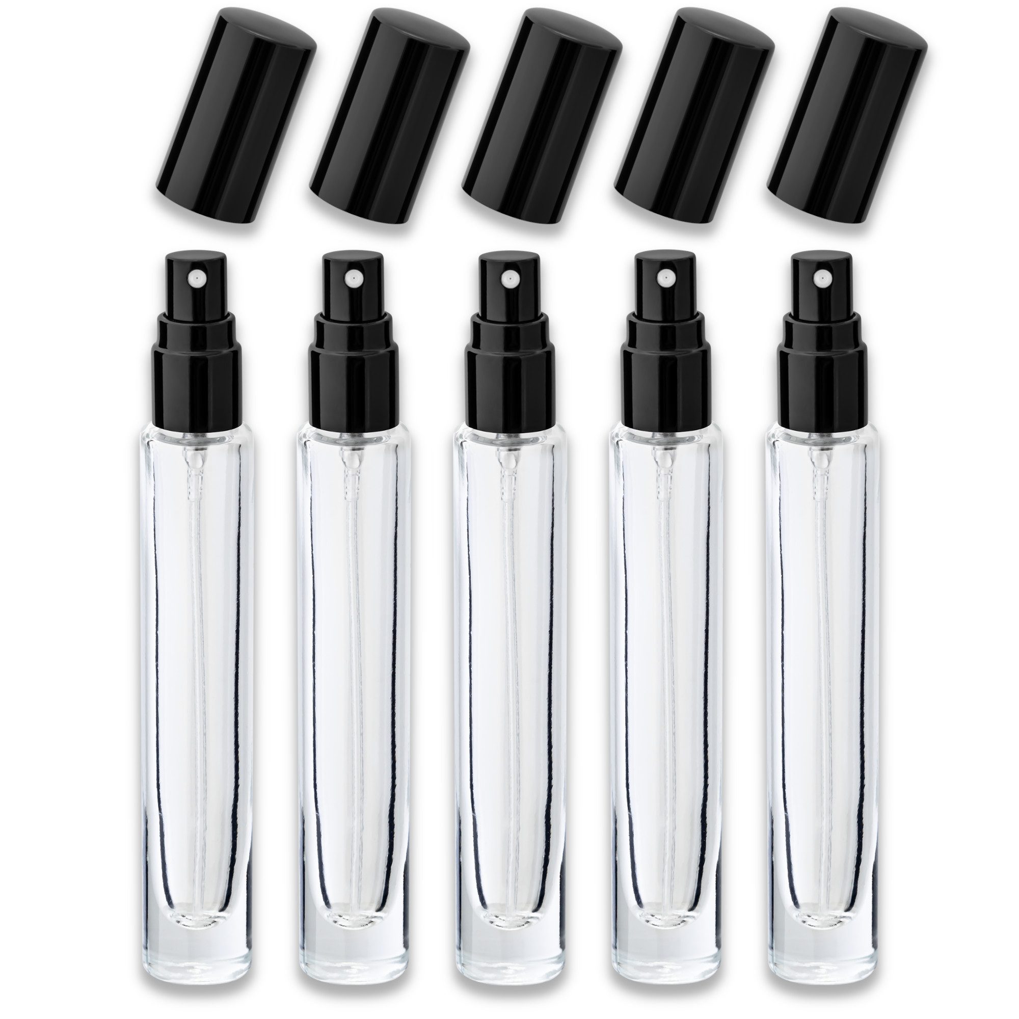 CK Verpackung GmbH Parfümzerstäuber 5x Glasflasche klar 10 ml rund mit schwarzem Zerstäuber Parfümflakon (Set x5)