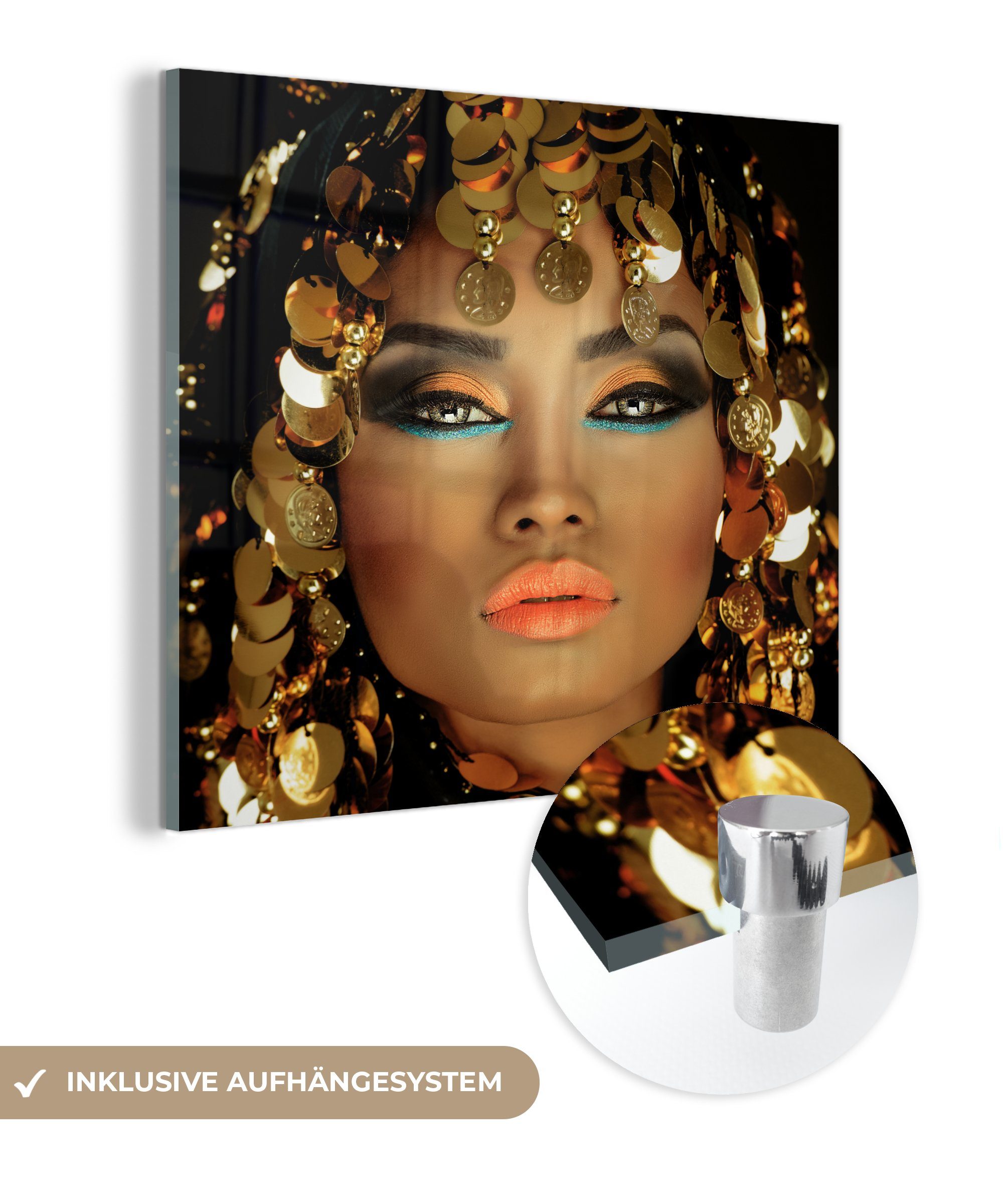 MuchoWow Acrylglasbild Frau - Make-up Schmuck Glasbilder bunt Luxus, Glas Wanddekoration - (1 - Foto Kleopatra - - St), Gold - auf Glas Wandbild Bilder - auf 