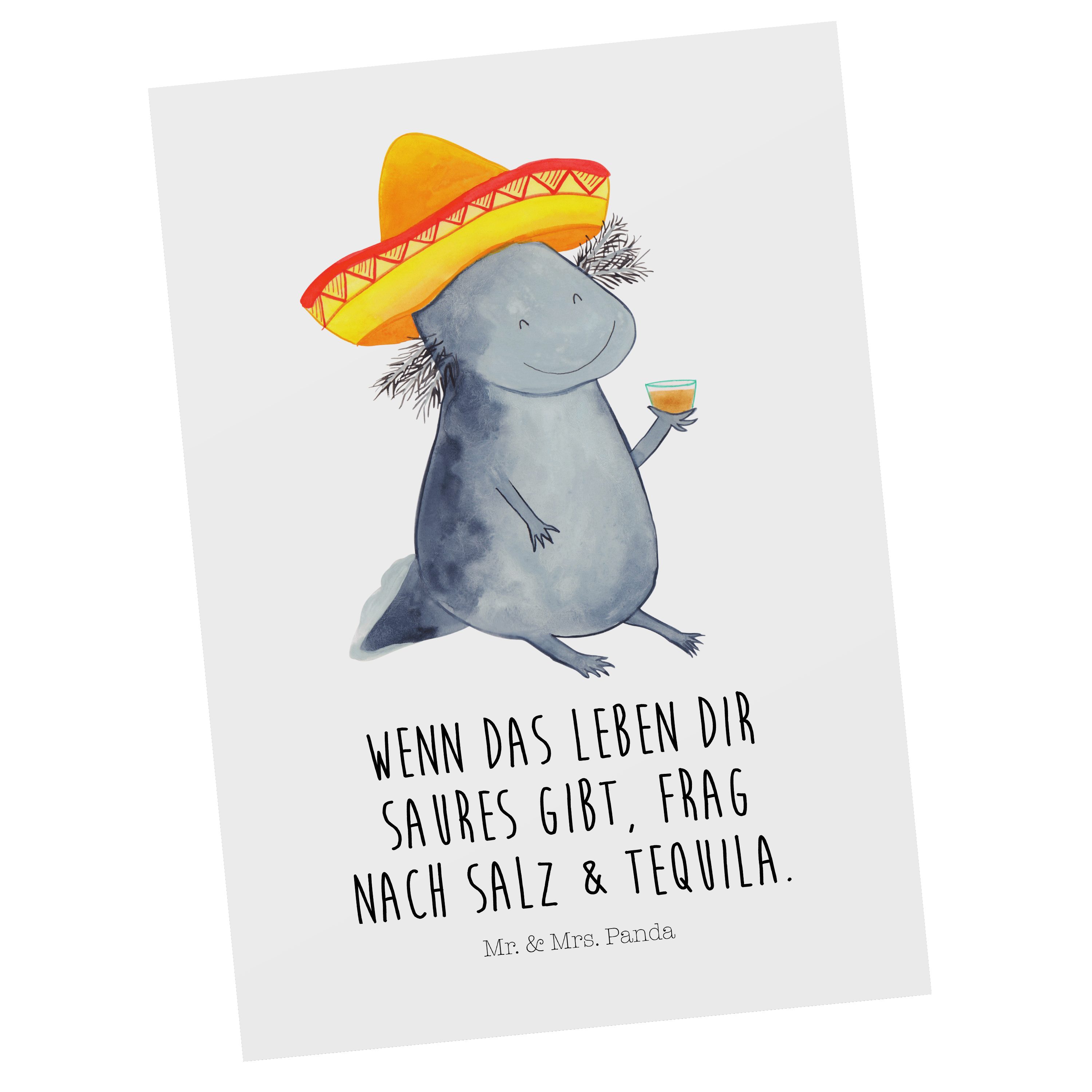 Mr. & Mrs. Panda Postkarte Axolotl Tequila - Weiß - Geschenk, Grußkarte, Sombrero, Urlaub, Feuer