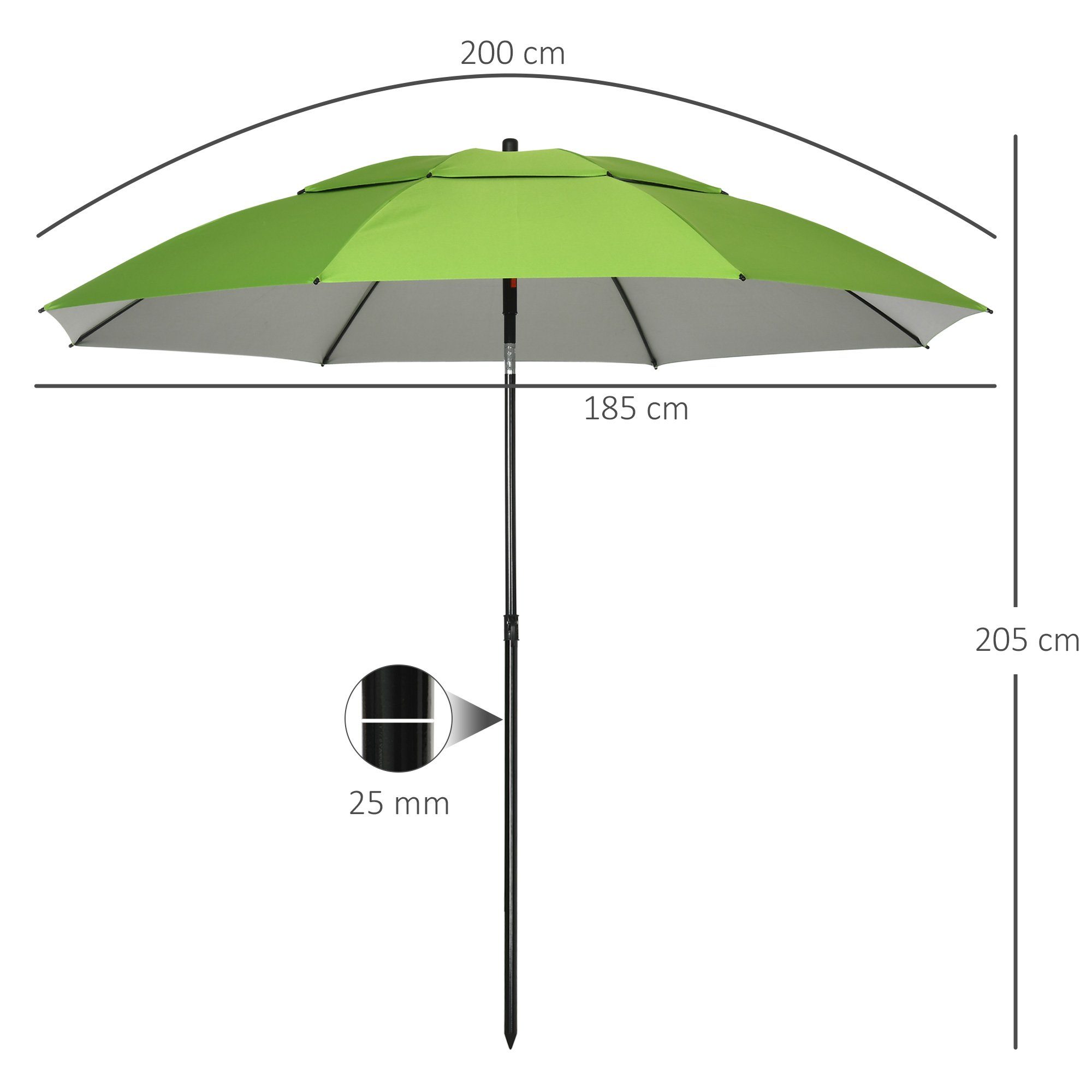 Outsunny Sonnenschirm mit Belüftungsöffnungen, inkl. Schutzhülle, Grün, LxB: 185x185 cm, Marktschirm, Strandshirm, mit Doppeldach, 8 Streben, UV-Schutz