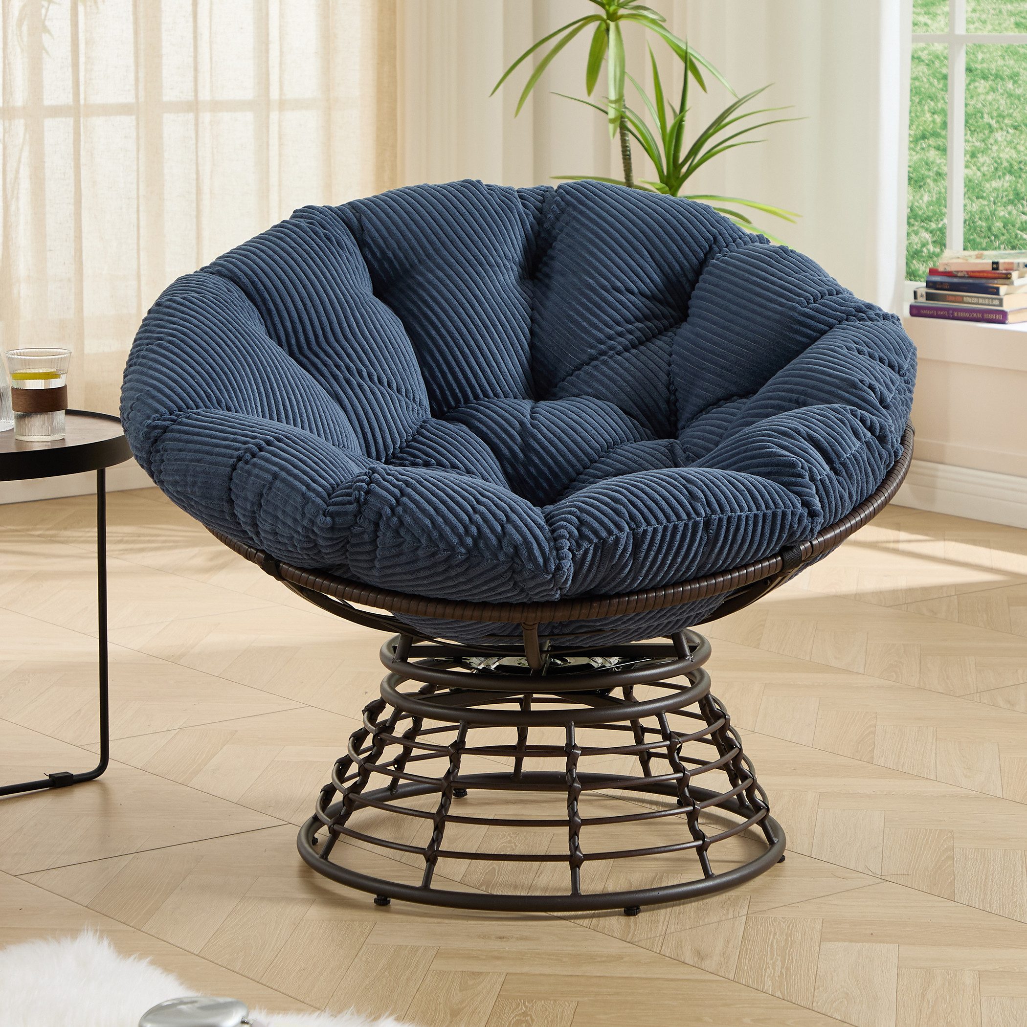 SeedWave Loungesessel 360° Drehbarer Papasan-Sessel Stahlgestell mit 92cm Trennbarem Polster, Relaxsessel für Balkon, Garten, Terrasse