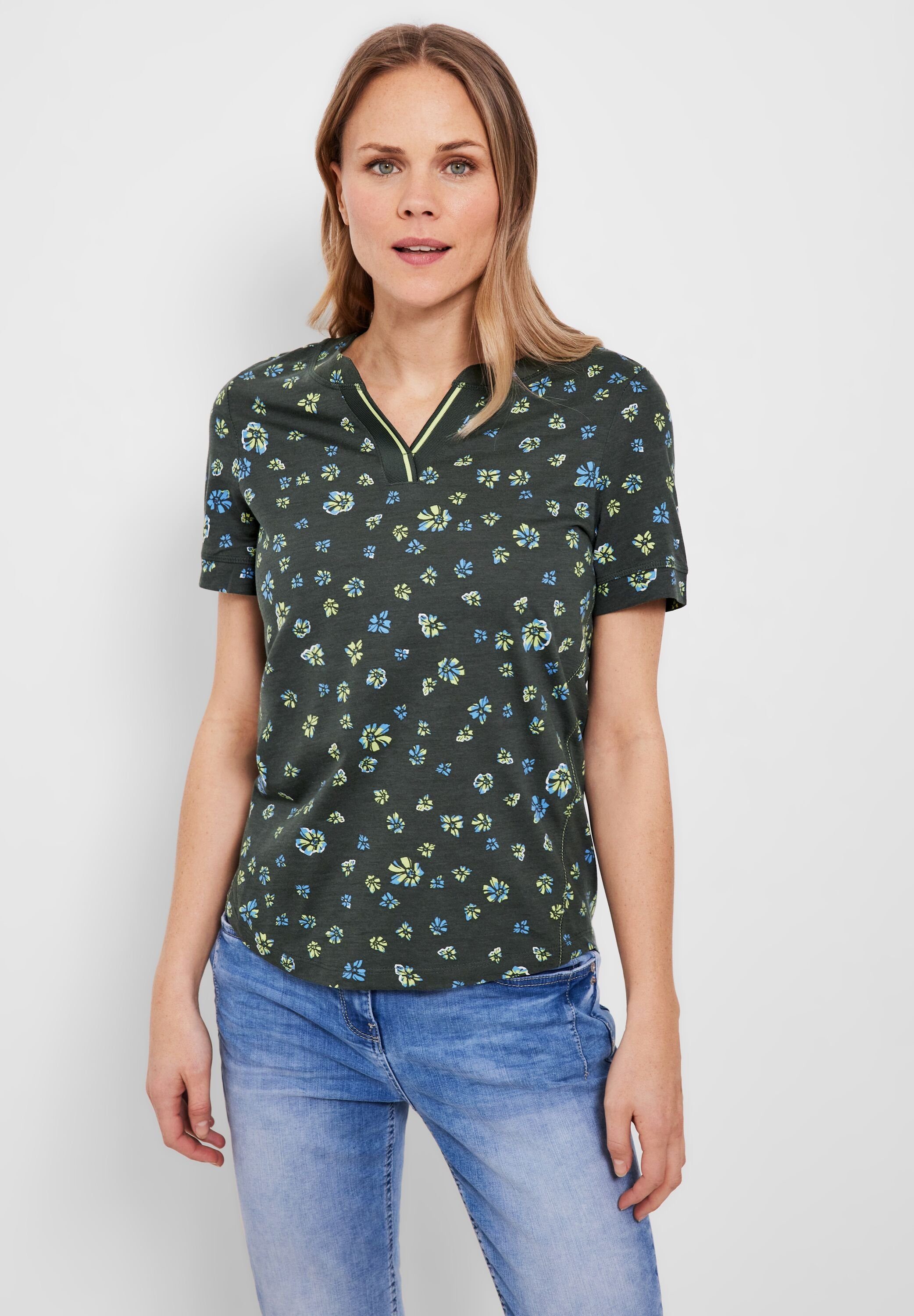 Cecil T-Shirt mit Ausschnitt am Rundhalsausschnitt, geschlitztem Kontraststreifen