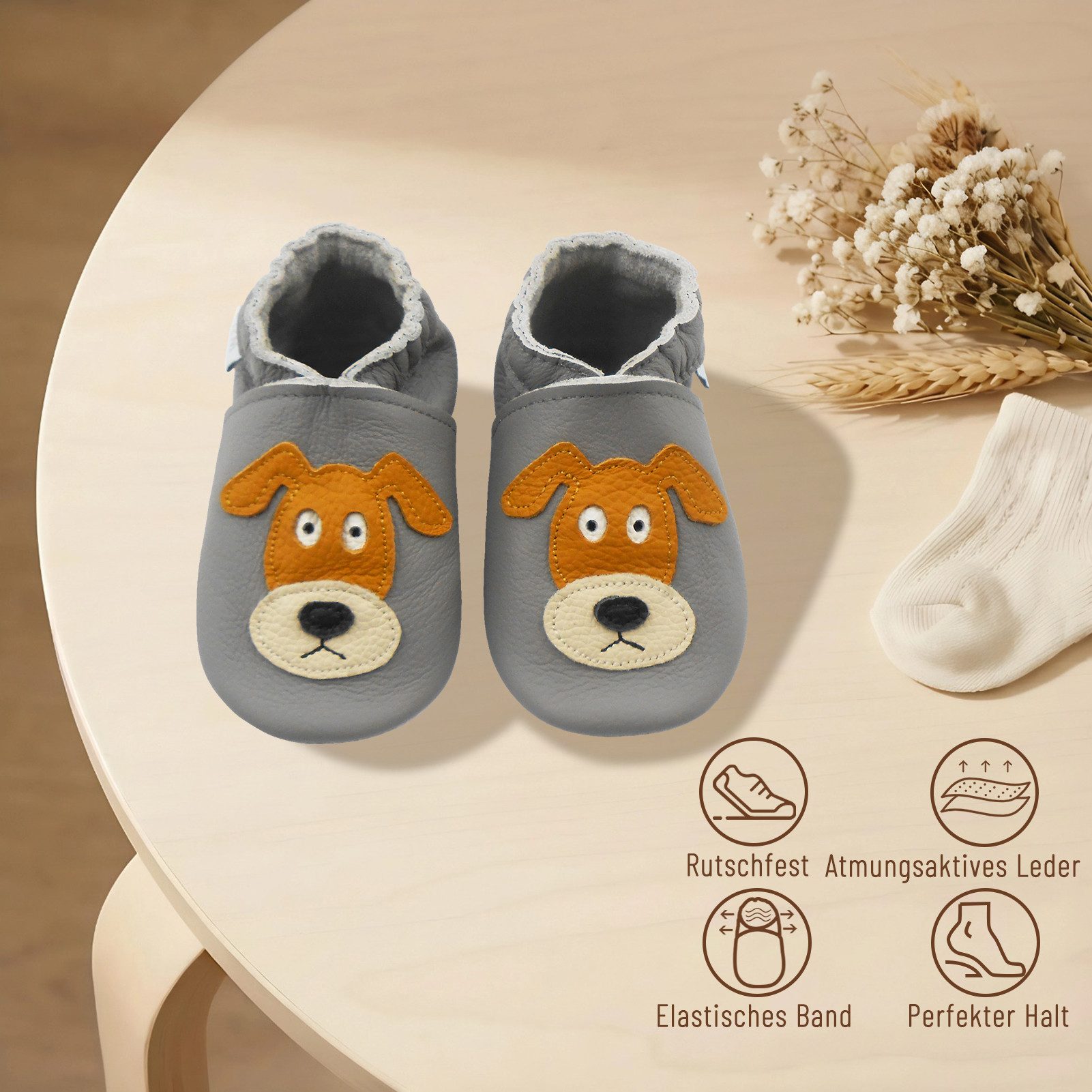 Basrakids Baby Leder Lauflernschuhe rutschfest Hausschuhe Krabbelschuh Handgenäht, weiche, leichte, flexible, rutschfest – Bild 3 von 5
