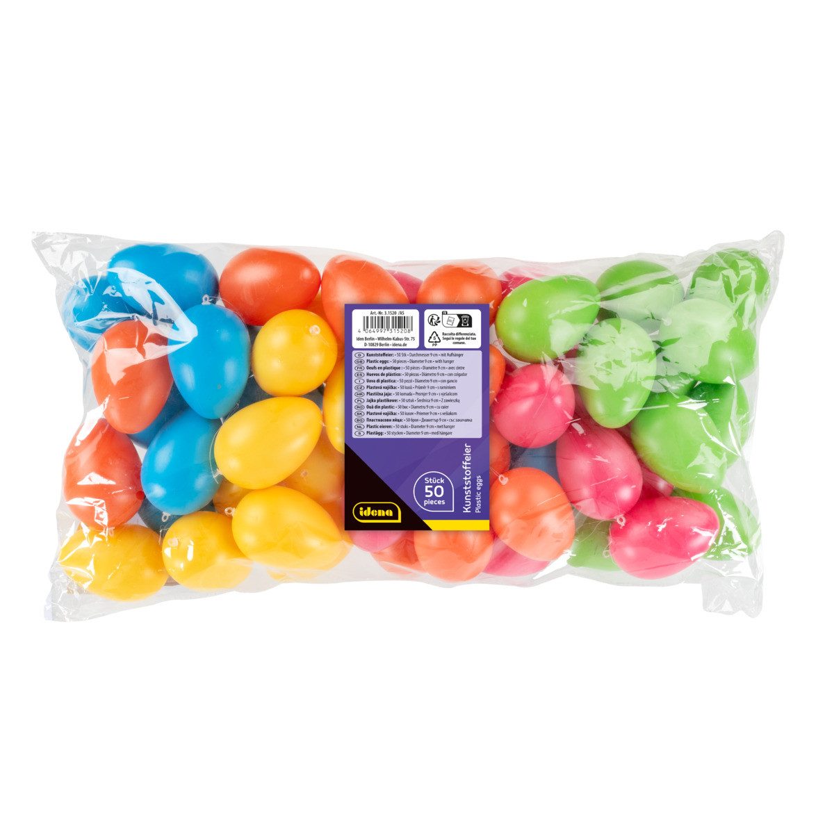 Idena Osterei Idena Kunststoffeier zum Aufhängen 5 Farben 9cm 50 Stück