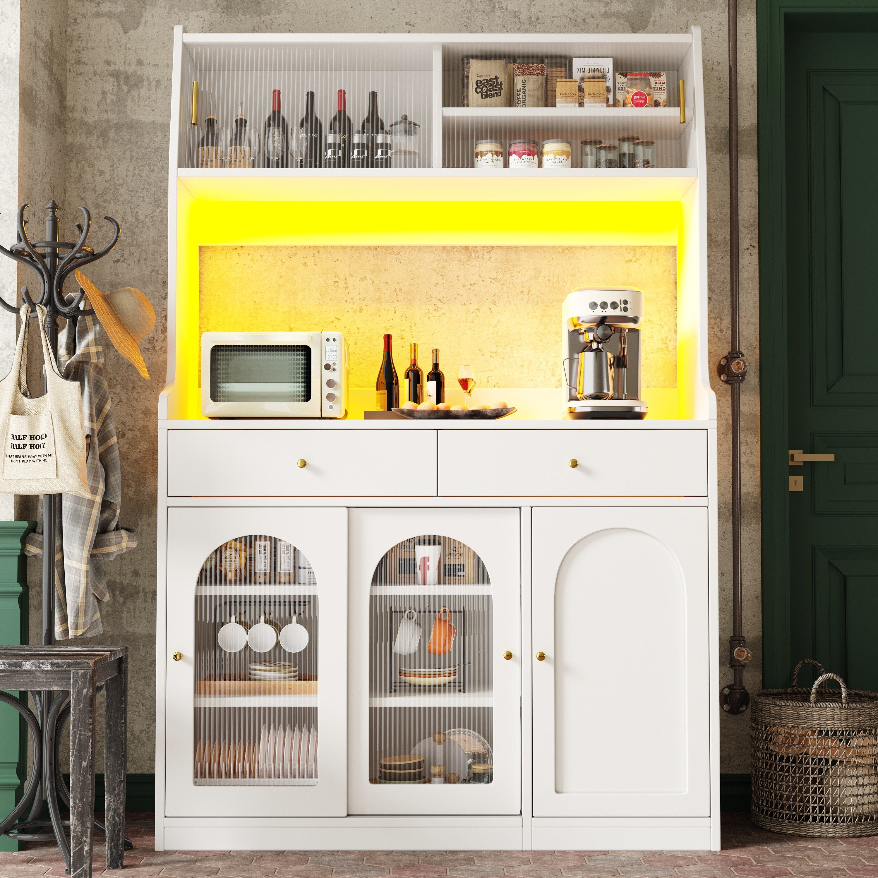 Flieks Küchenbuffet mit LED-Beleuchtung, Glas-Schiebetüren und Schubladen (1-St., B120/T40/H180 cm) Hochschrank Küchenschrank Geschirrschrank mit verstellbare Ablagen