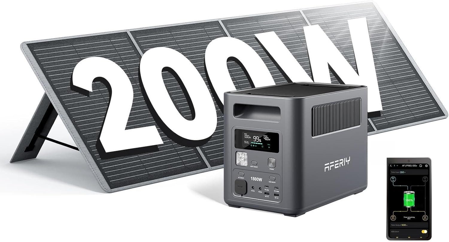 AFERIY Stromerzeuger 1800W Tragbare Powerstation, 1024Wh LiFePO4 Batterie, 1,8 in kW, (1-tlg), mit 200W Solarpanel, 9 Anschlüsse, für Outdoors Camping