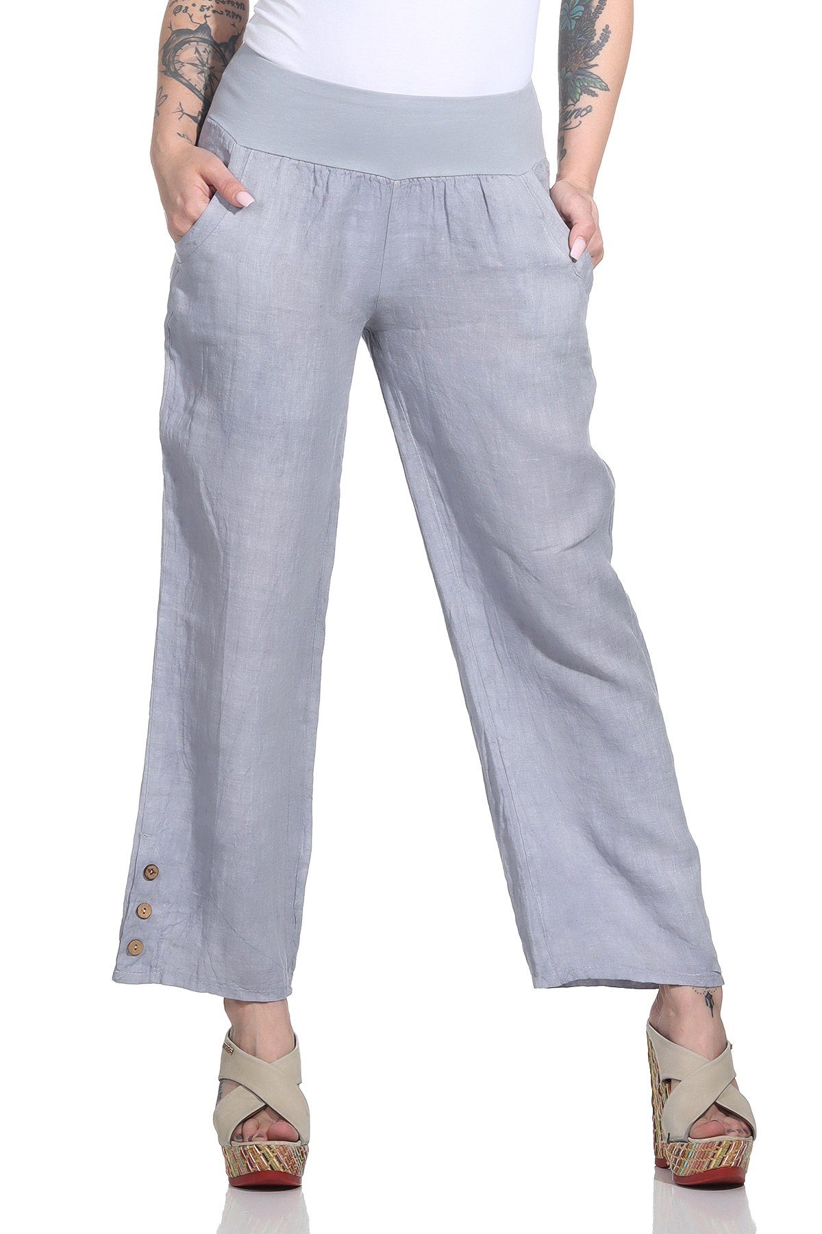 Mississhop Leinenhose Leinenhose 100 % Leinen Freizeithose 7/8 Lange Hose M.319 Grau | Leinenhosen