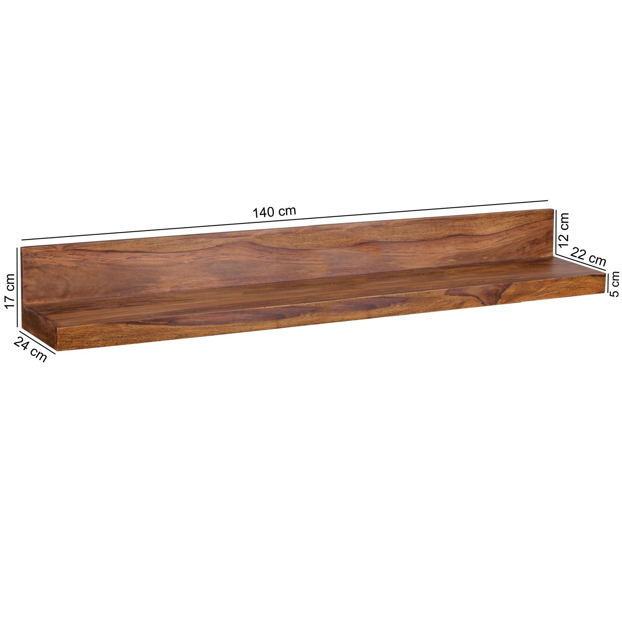 möbelando Wandregal Sheesham cm Holzregal Wand-Board Hänge-Regal Natur-Produkt Massiv-Holz Sheesham Landhaus-Stil Massiv-Holz Wandregal 140 Echt-Holz Holzregal, MUMBAI Wandregal MUMBAI