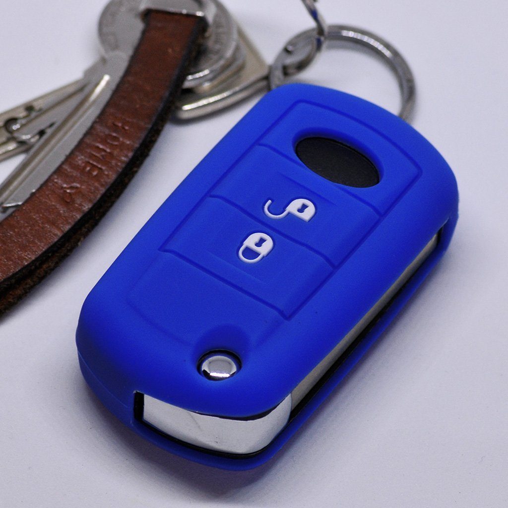 mt-key Schlüsseltasche Autoschlüssel Softcase Silikon Schutzhülle Blau, für Land Rover Discovery 3 Range Rover LR3 2 Tasten Klappschlüssel