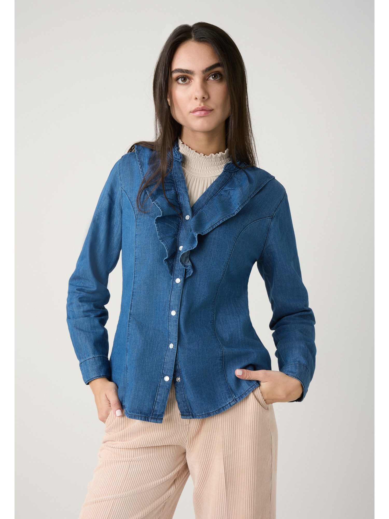 MORE&MORE Langarmbluse feminine Rüschen-Jeansbluse günstig online kaufen