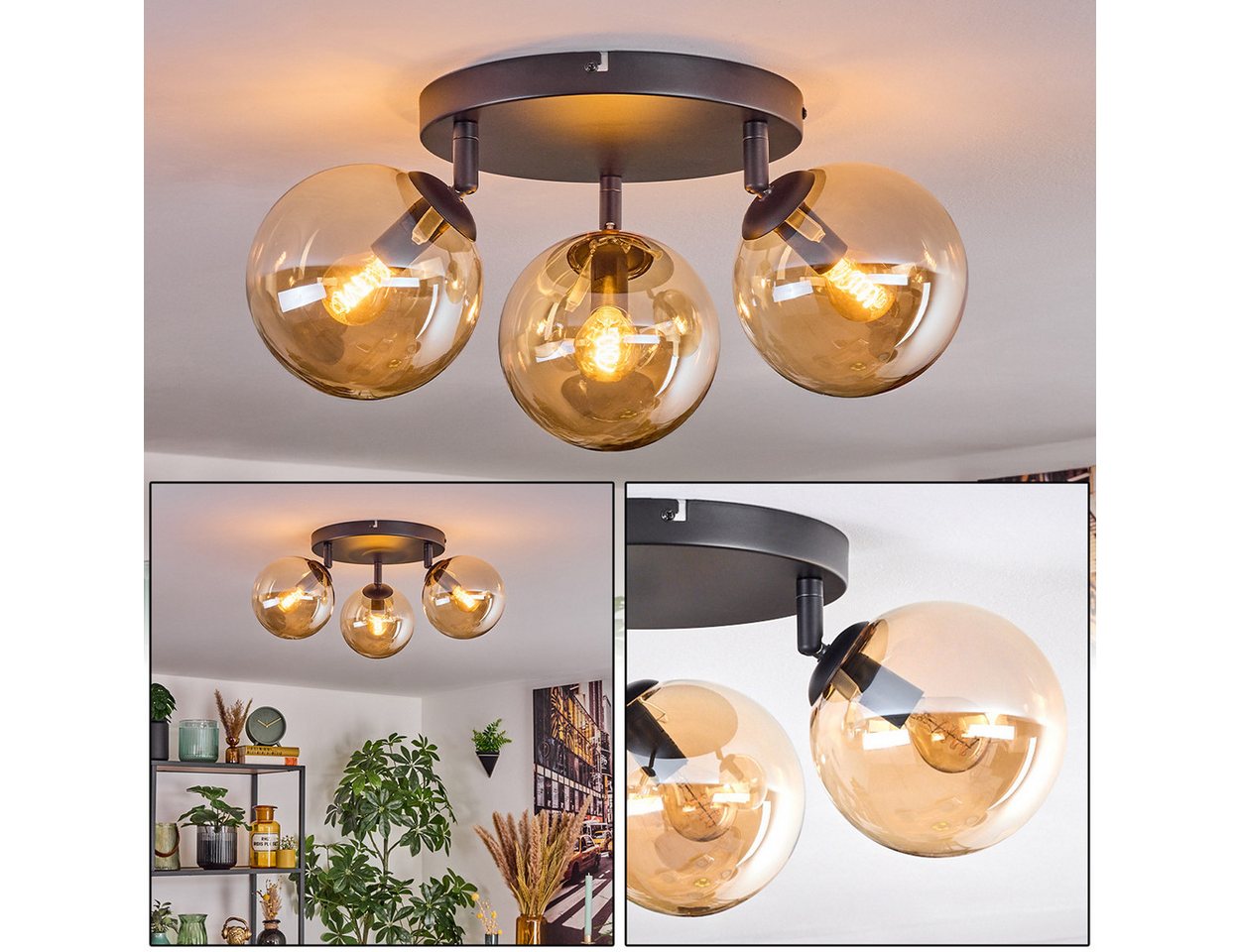 hofstein Deckenleuchte Deckenlampe aus Metall/Glas in Schwarz/Bernstein, 3 x E14, ohne Leuchtmittel, verstellbare Deckenleuchte im Retro/Vintage-Design (Schirme Ø 15 cm)