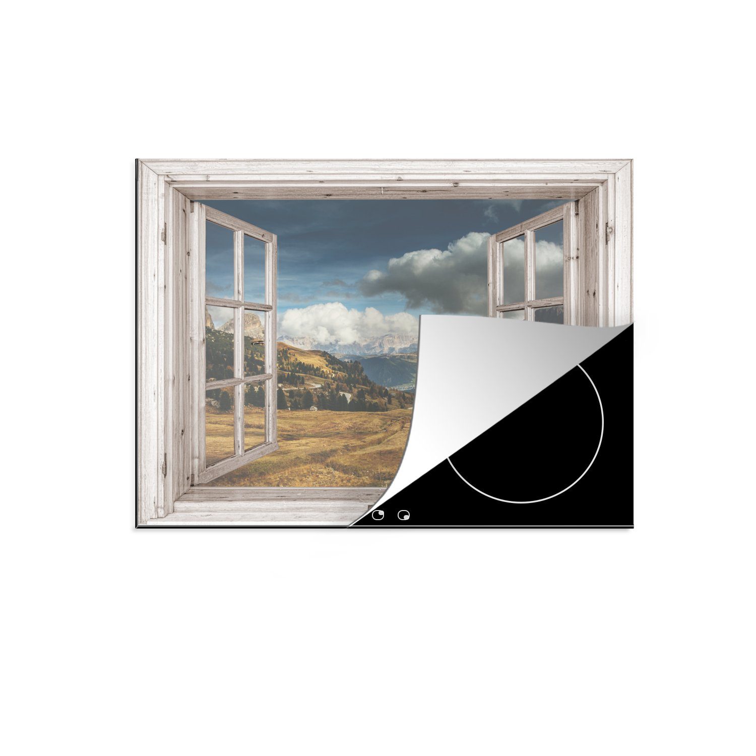 MuchoWow Herdblende-/Abdeckplatte Holz - Aussicht - Berg, Vinyl, (1 tlg), 71x52 cm, Induktionskochfeld Schutz für die küche, Ceranfeldabdeckung