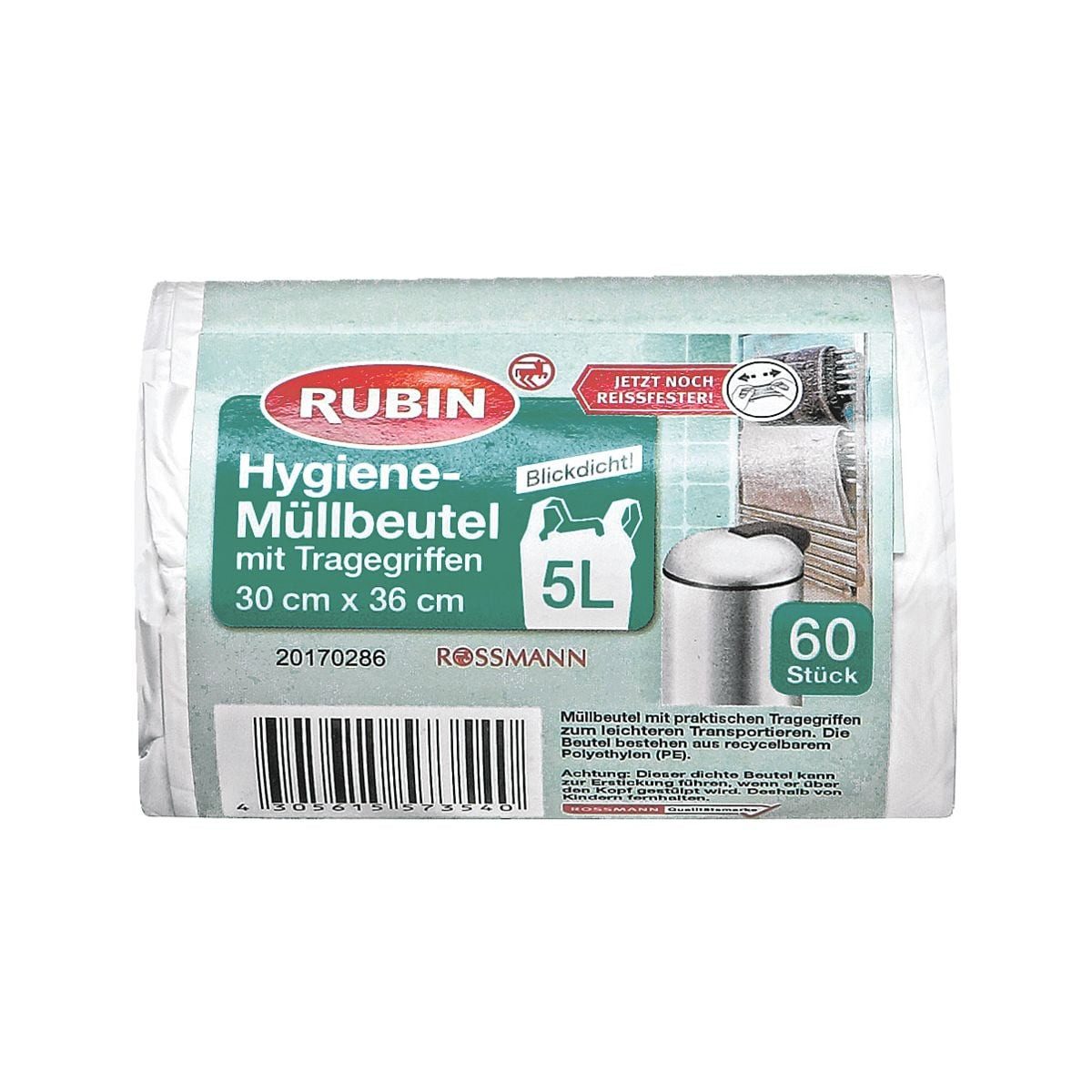 RUBIN Мусорные урны, 60 Stück Rolle, 5 Liter, weiß, reißfest, blickdicht, mit Traggriffen