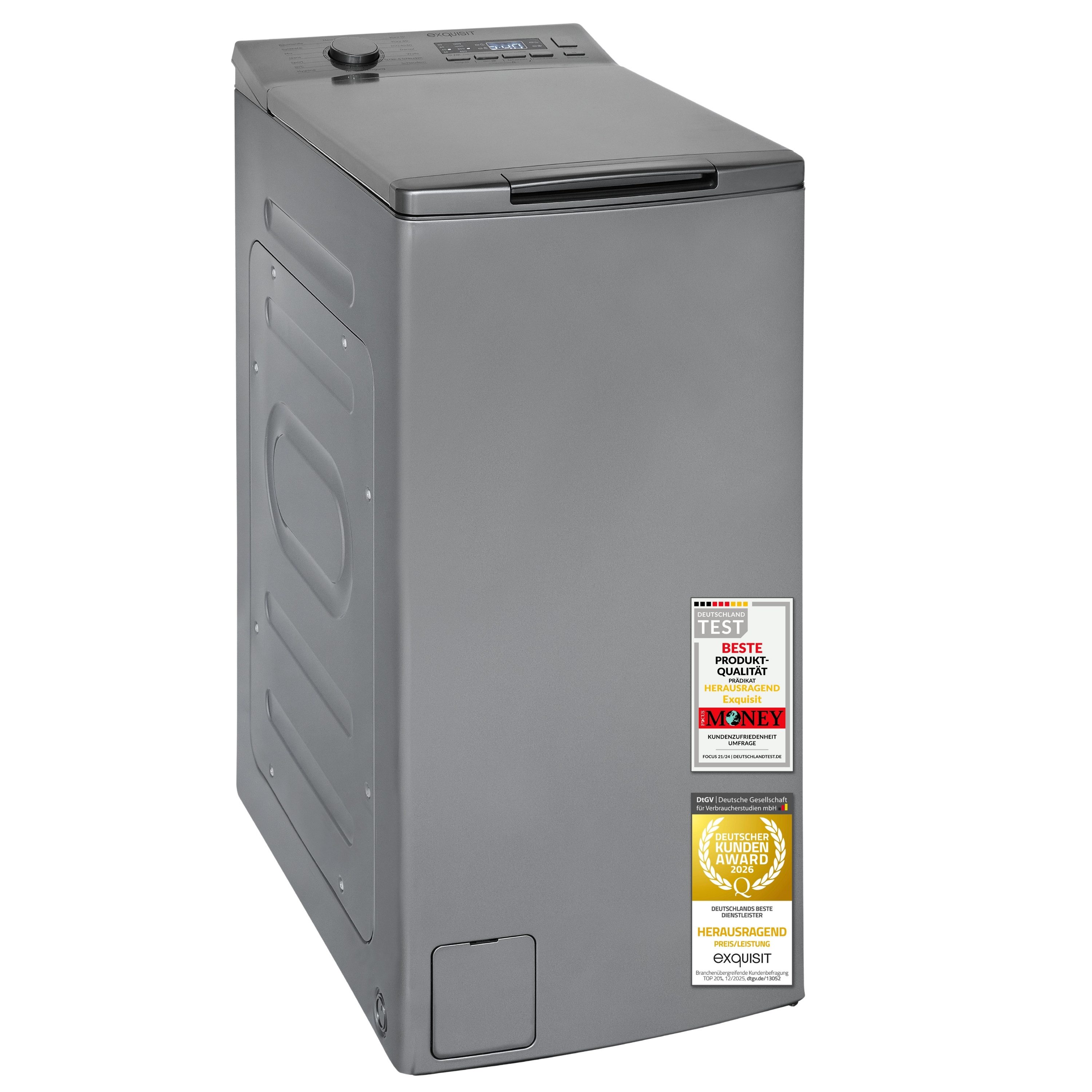 exquisit Waschmaschine Toplader LTO51207-030A, 7,5 kg, 1200 U/min, 7,5 kg, Startzeitvorwahl, Aquastop, Schmal, 15 Programme, Toplader
