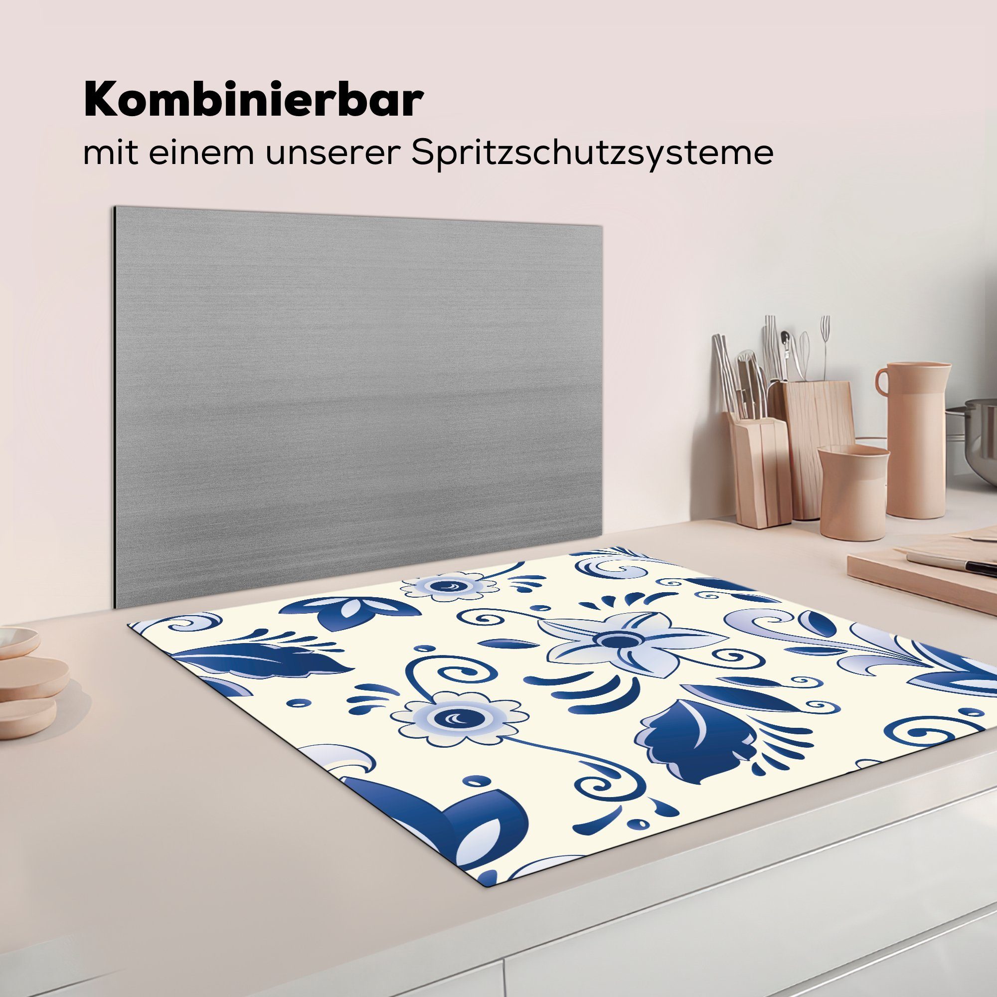 blauen Vinyl, MuchoWow von Ceranfeldabdeckung, Orchideen, tlg), Illustration Arbeitsplatte (1 Herdblende-/Abdeckplatte cm, 78x78 für küche Eine