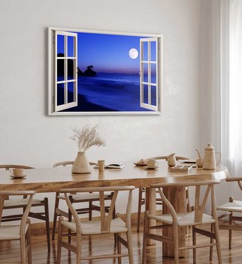 Sinus Art Leinwandbild Wandbild 120x80cm Fensterbild Strand Nacht Meer Dunkelblau Blau Vollmo, (1 St)