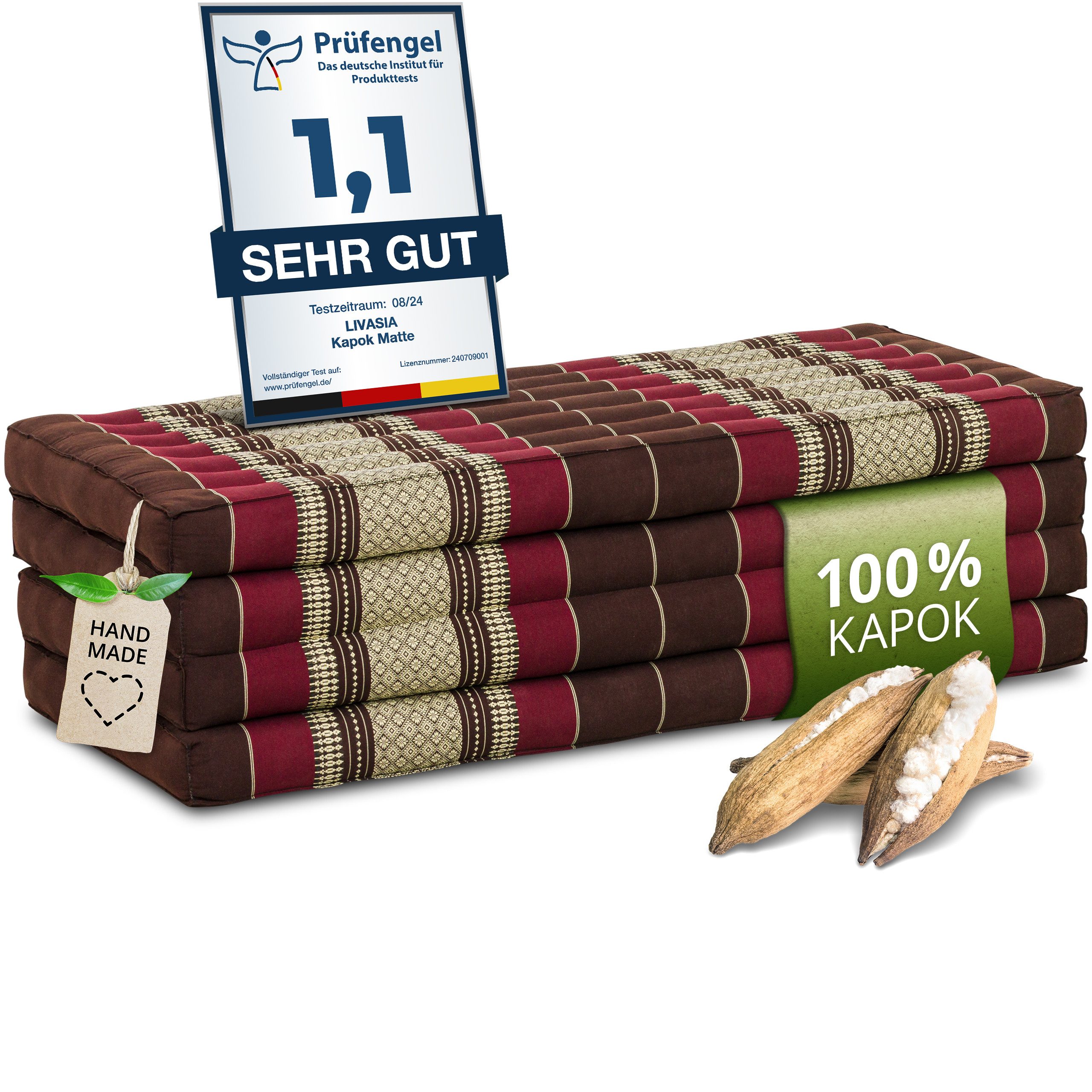 Klappmatratze Faltmatratze 110 cm breit (Classic) - 200x110x8cm -, livasia, 8 cm hoch, Kapok, vegan, handgefertigt