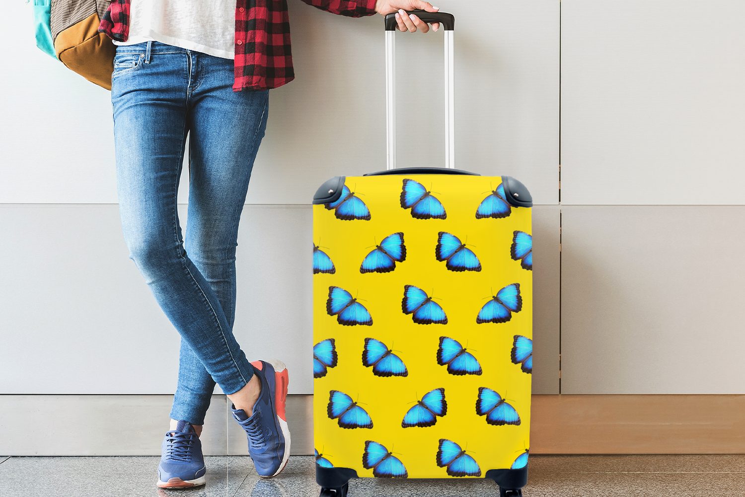 MuchoWow Handgepäckkoffer Schmetterlinge - Trolley, Reisetasche Handgepäck Reisekoffer Ferien, Blau Muster, mit rollen, 4 - für Rollen