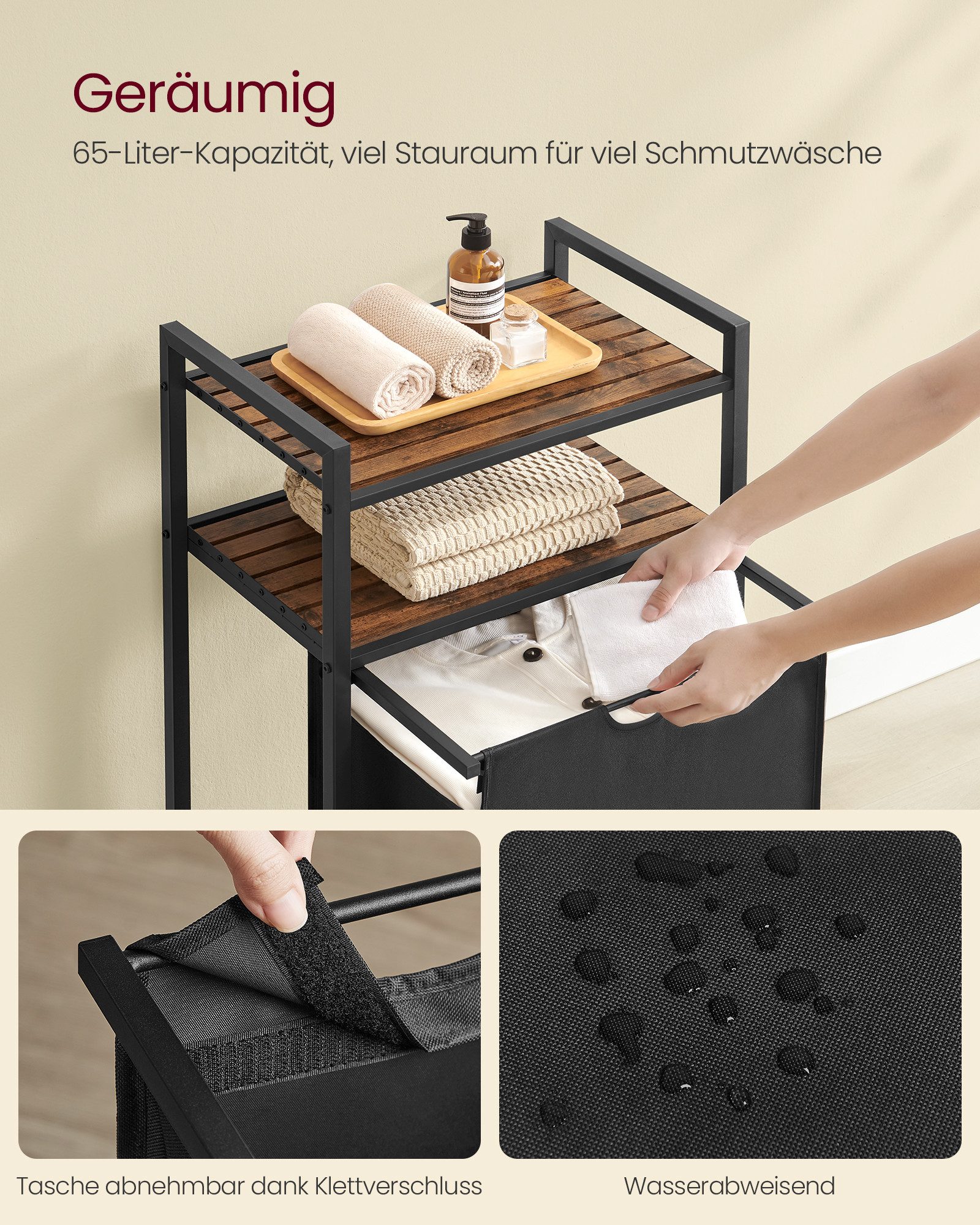 VASAGLE Wäschekorb Wäschesack ausziehbar und abnehmbar, für Badezimmer, Waschküche, Wäschesammler mit 2 Ablagen, 65 Liter, 33 x 92 x 50 cm