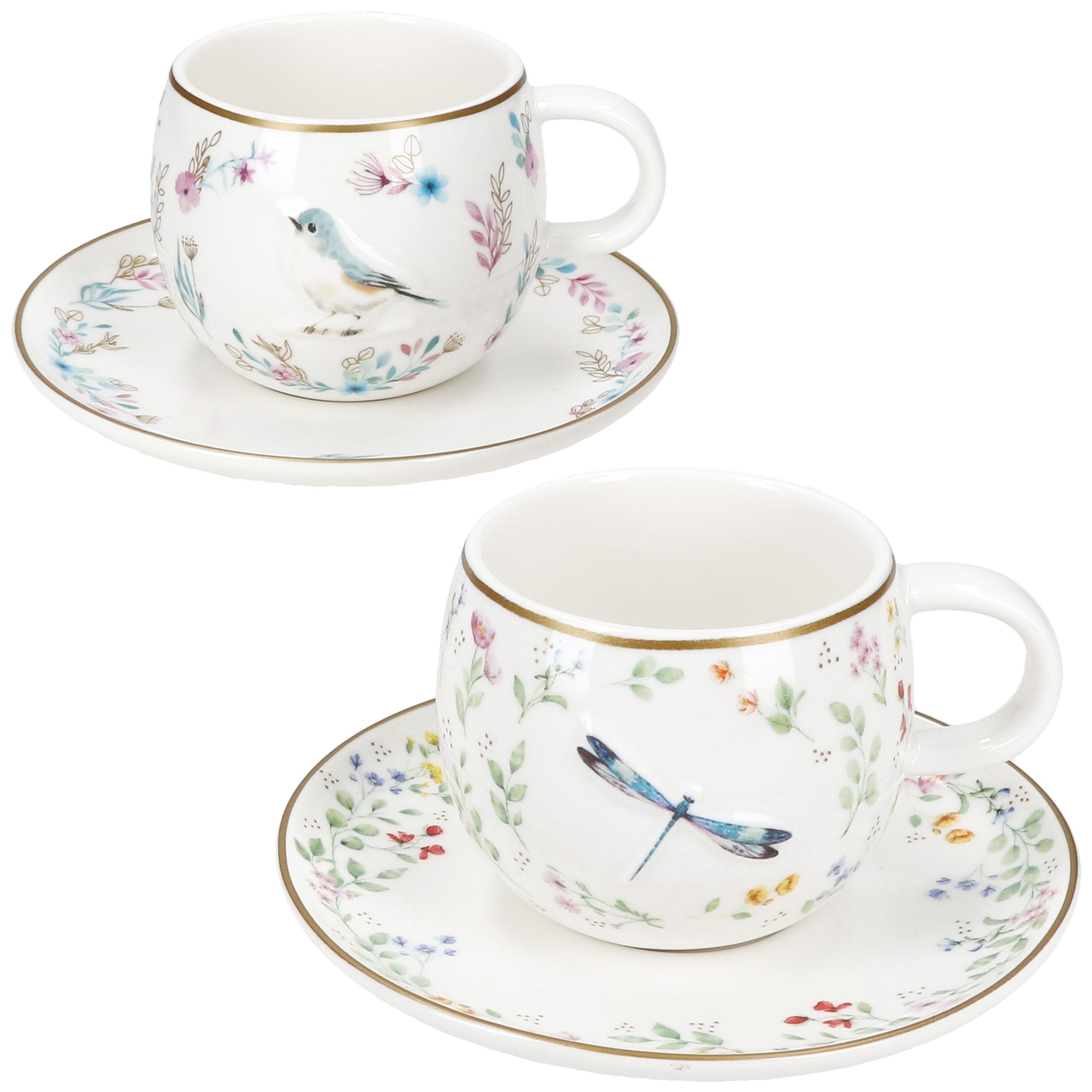 MamboCat Tasse MamboCat Fancy Garden Vogel & Libelle 2er Espressotassen Untertassen, Porzellan