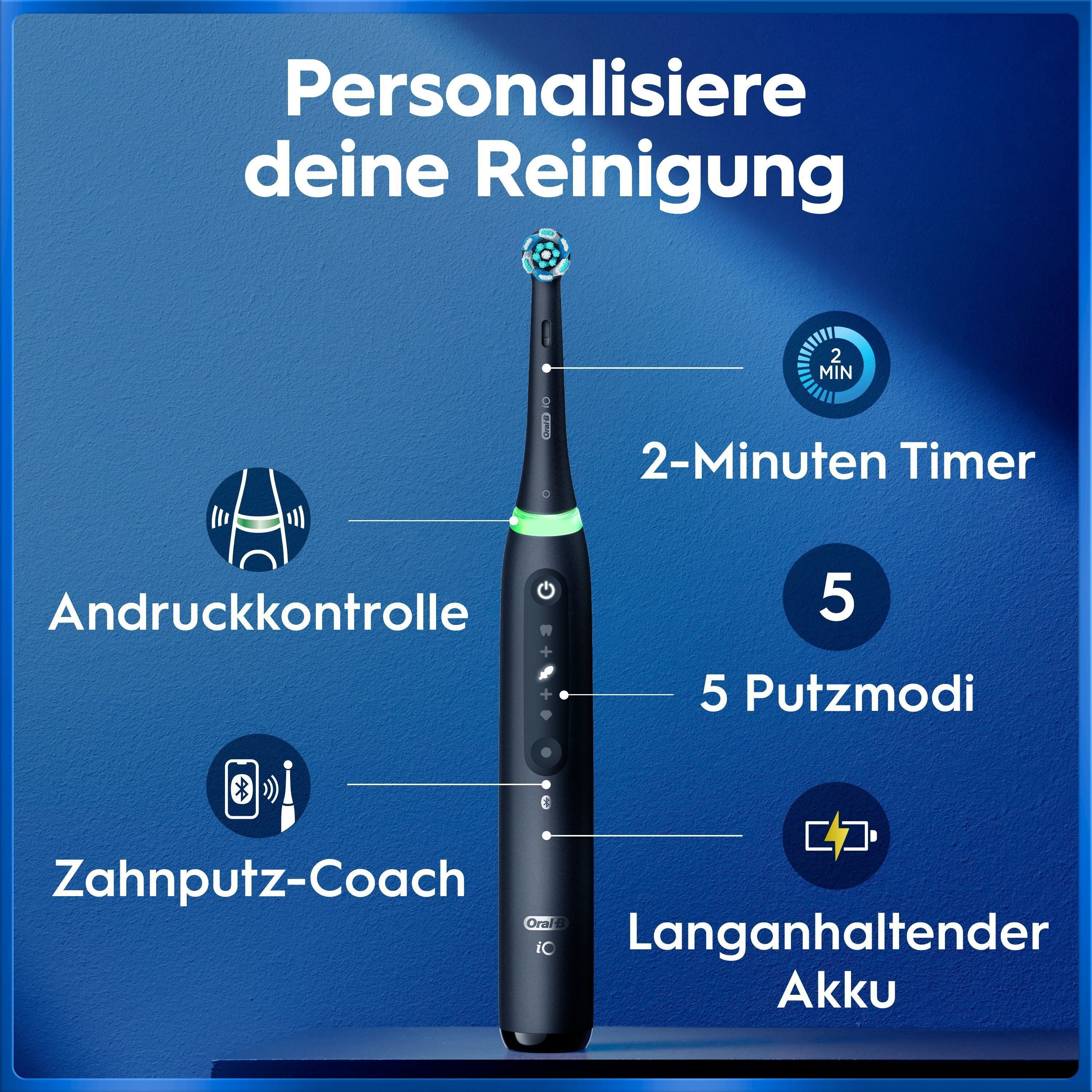 Oral-B Elektrische Zahnbürste iO 5 Duopack, Aufsteckbürsten: 2 St., mit Magnet-Technologie, LED-Anzeige, 5 Putzmodi, Reiseetui – Bild 4 von 5