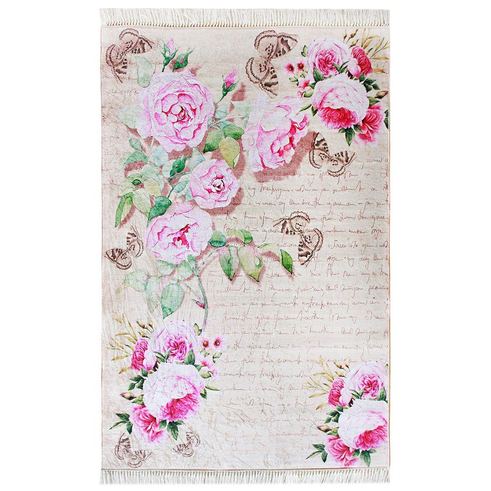 Teppich Teppich modern Design, bunt floral, Sehrazat, Rechteckig, Höhe: 3 mm, Floral, mit Fransen, Motiv: Rosen, glänzende Oberfläche