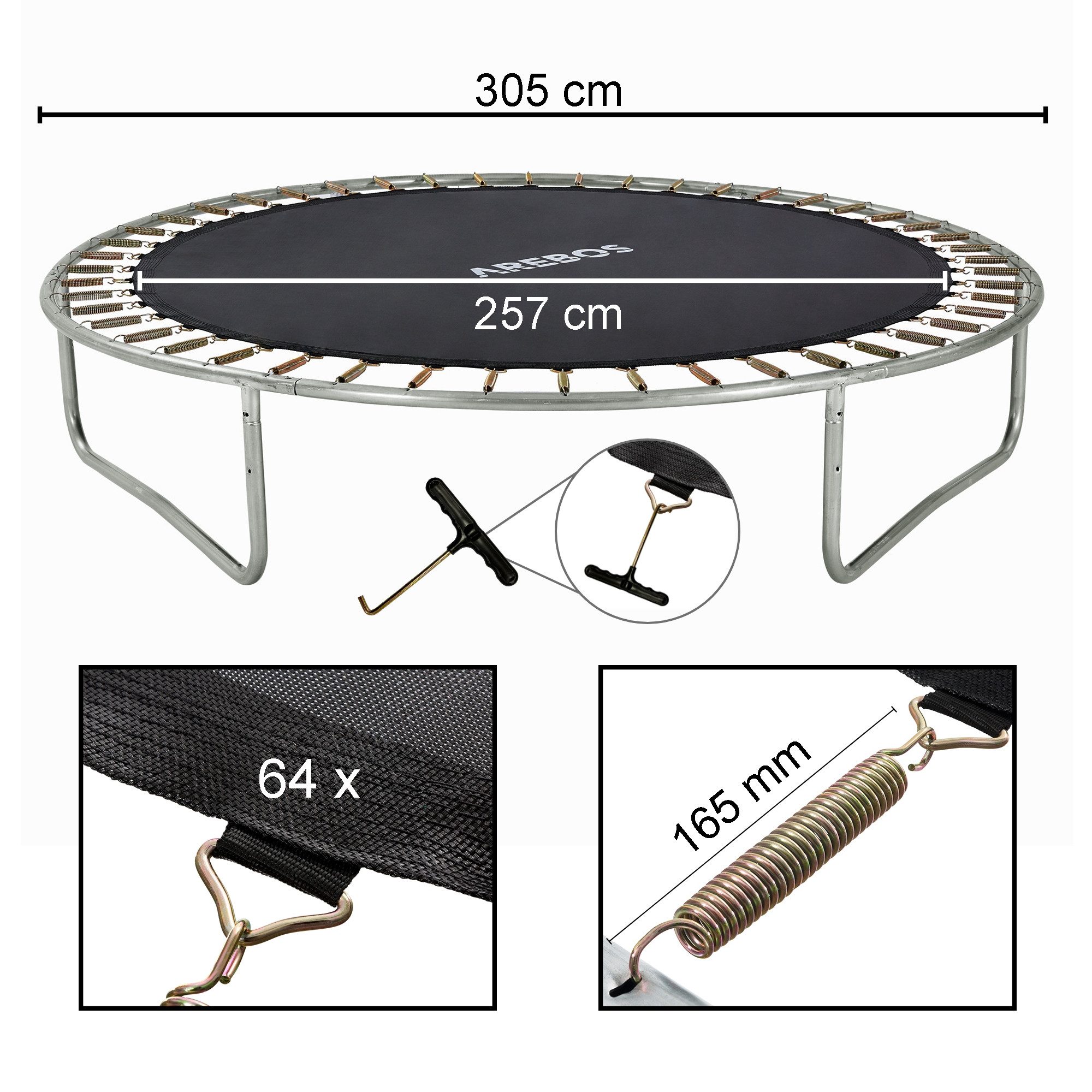 Arebos Hochsprungmatte Trampolin Sprungmatte, Federspanner, Sprungtuch, 9-Fach Naht 165 mm (64-St), Maximale Belastbarkeit: 150 kg