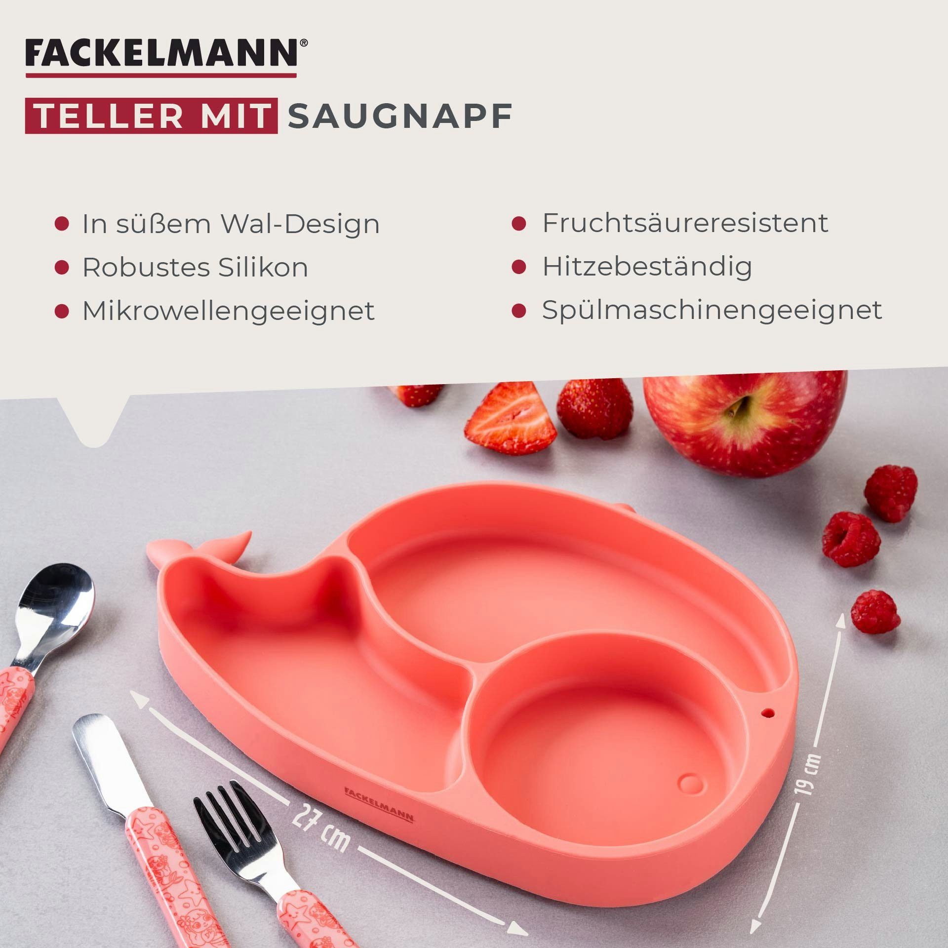 FACKELMANN Kindergeschirr-Set Teller mit Saugnapf, Wal-Design, Kinderteller, Rutschfester Teller