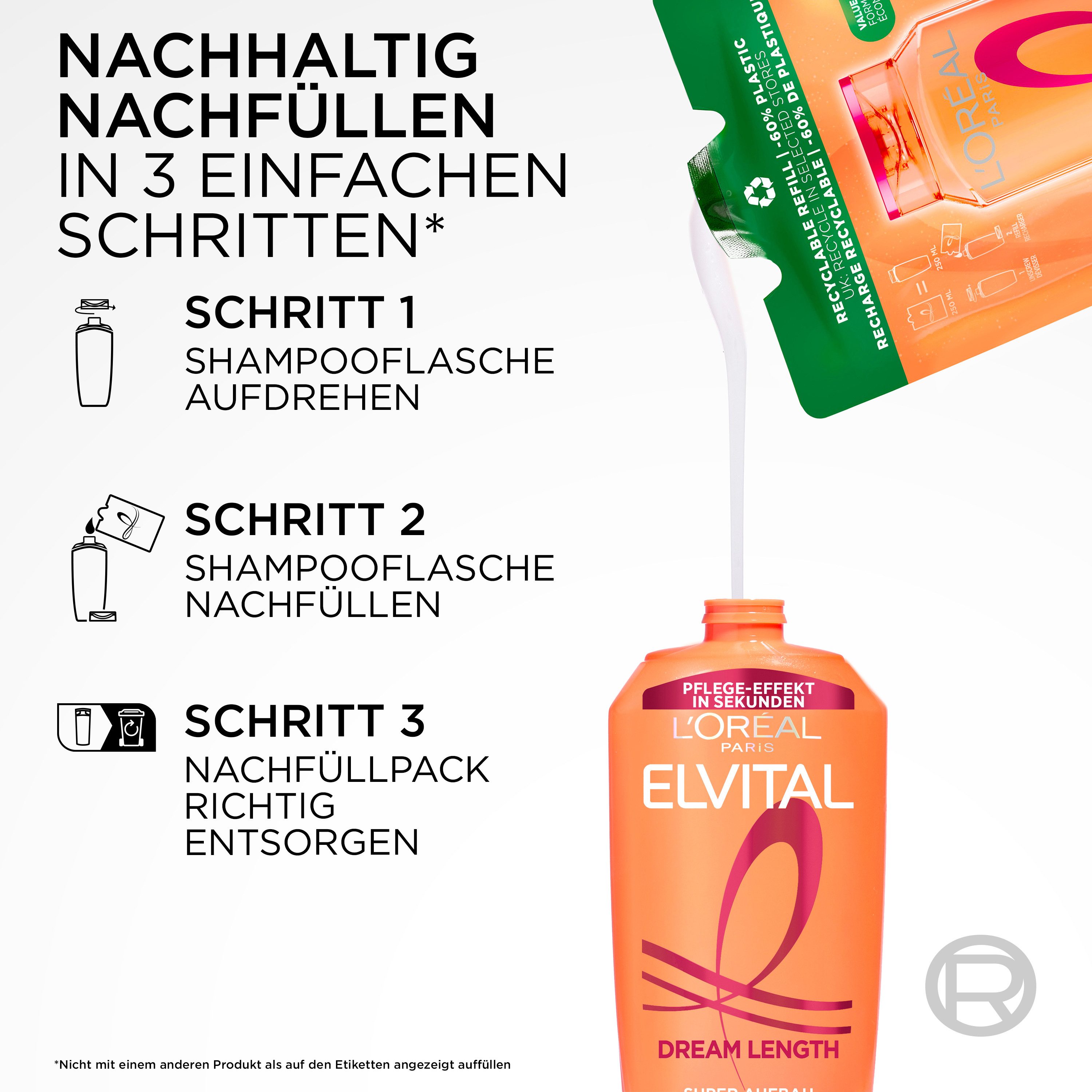 L'ORÉAL PARIS Haarshampoo Elvital Dream Length Shampoo, Spendet Feuchtigkeit, mittlere Deckkraft, passt sich dem Hautton an.