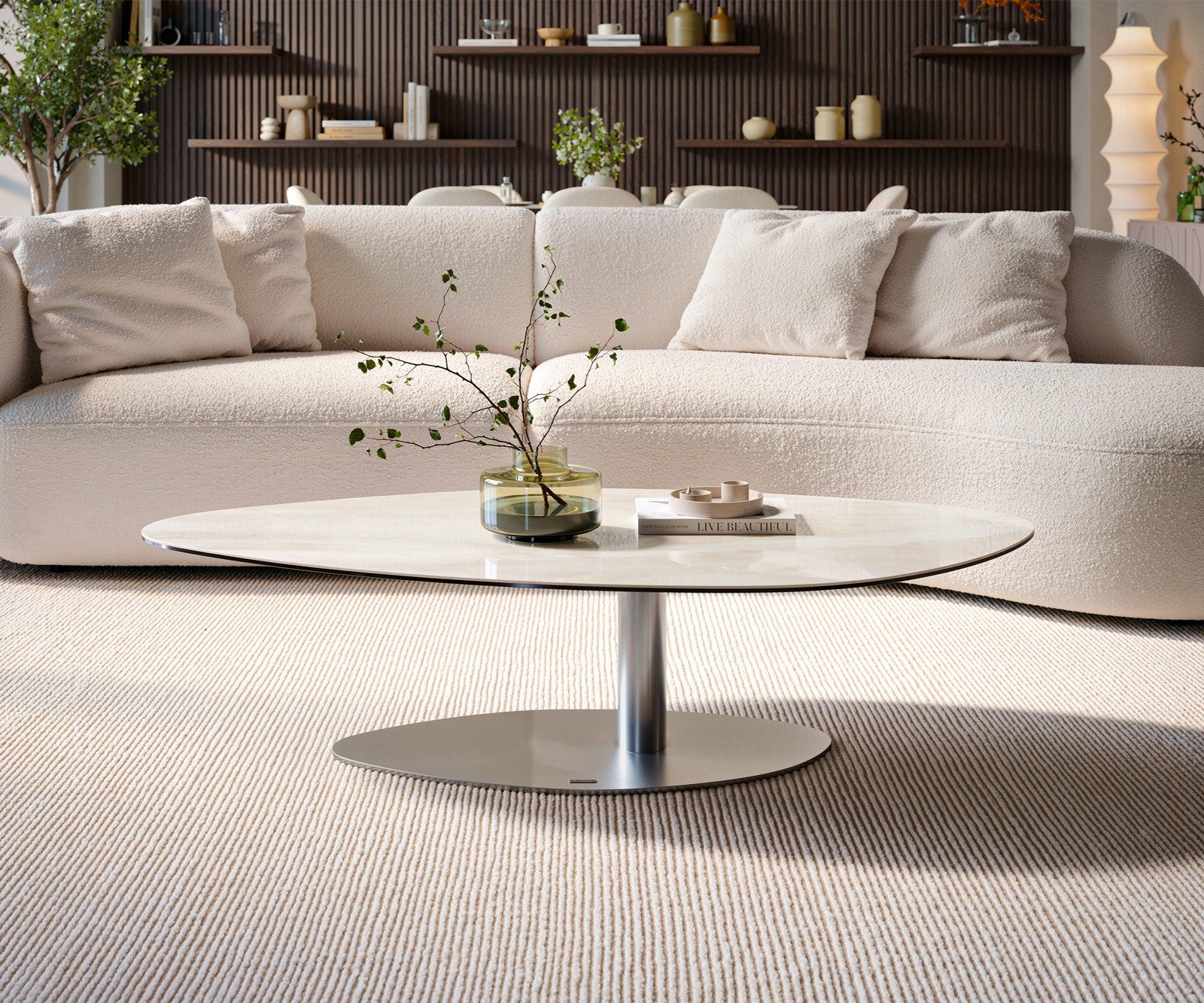 DELIFE Couchtisch Edge, Organisch 140x76 cm Keramik Onyx Champagne Vibany Edelstahl gebürstet