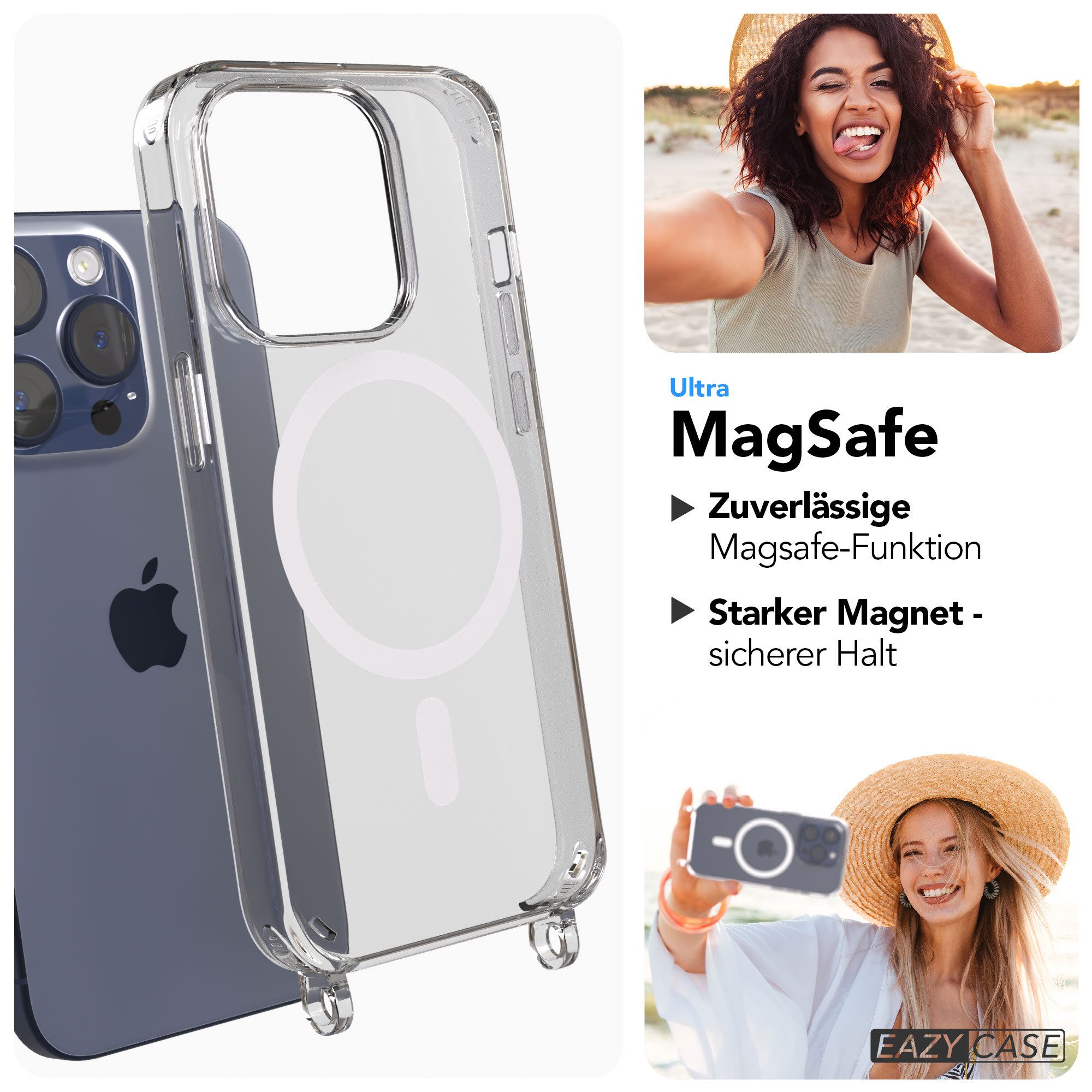 EAZY CASE Handykette MagSafe Handyhülle für Handyketten Apple Modelle 6,1 Zoll, MagSafe Silikonhülle mit Ösen, Transparent für Apple iPhone 15 Pro