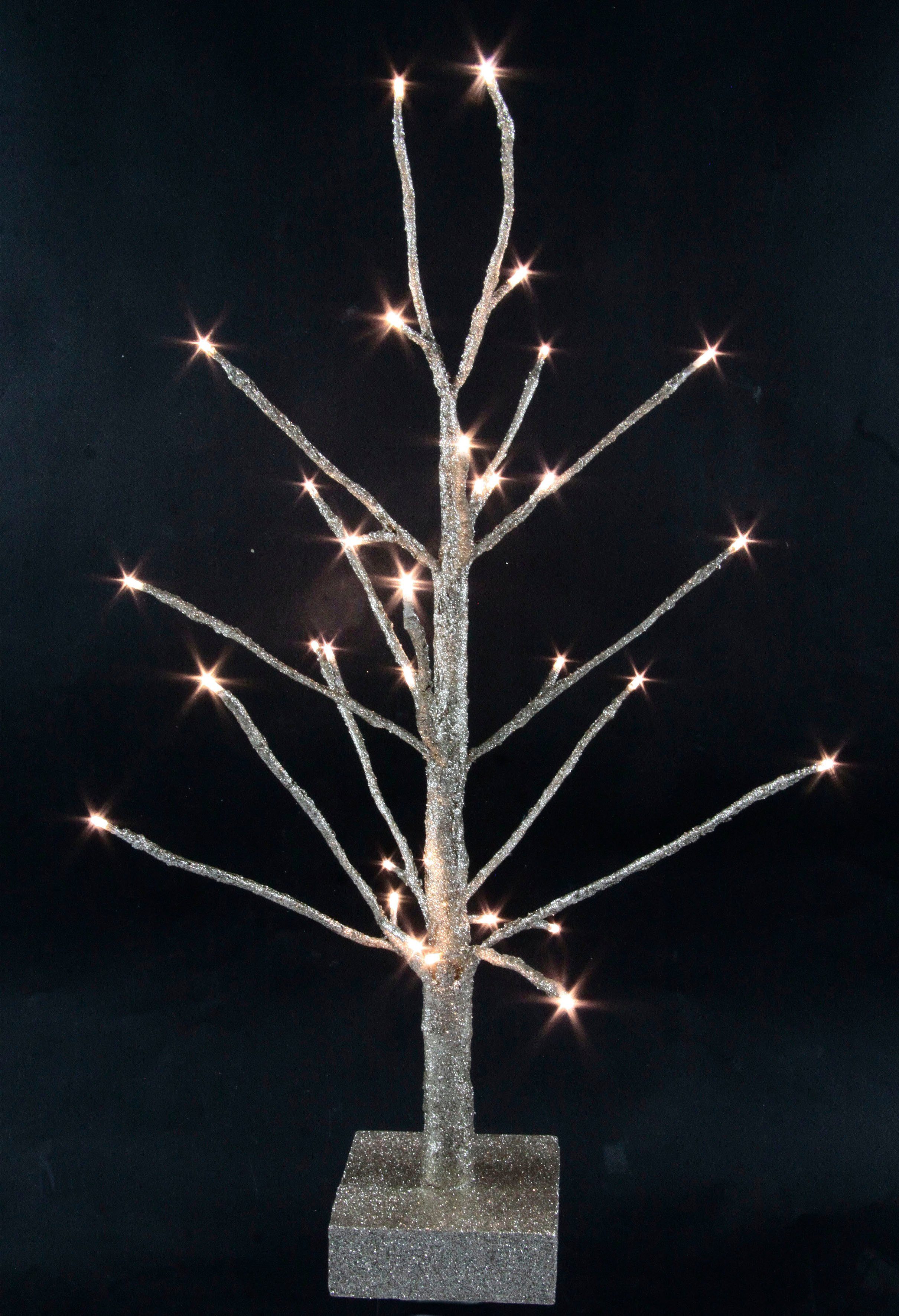 Künstlicher Weihnachtsdeko, Höhe Kunstbaum, Holzfuß aus 65 Warmweiß, mit cm Weihnachtsbaum, integriert, LED Baum LED I.GE.A. Glitzer fest Deko-Baum champagnerfarben,