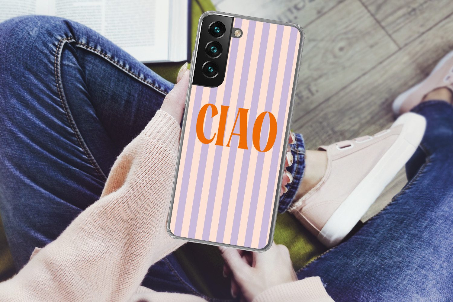 MuchoWow Handyhülle für Samsung Galaxy S22 Plus Ciao - Zitat - Pastell - Streifen, Phone Case, Silikon, Schutzhülle Dünn